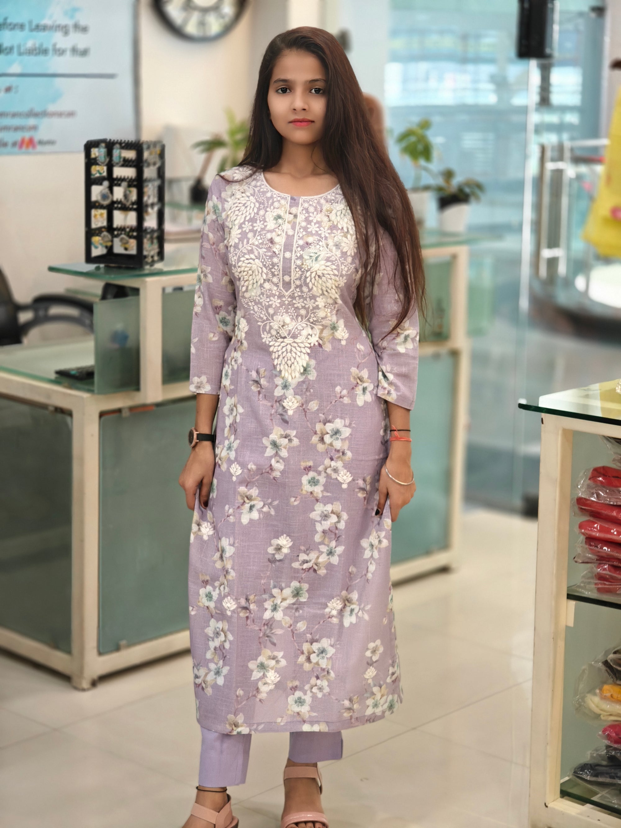 Linen Cotton Lilac Straight Kurti Pant Set with Neck Embroidery 011117