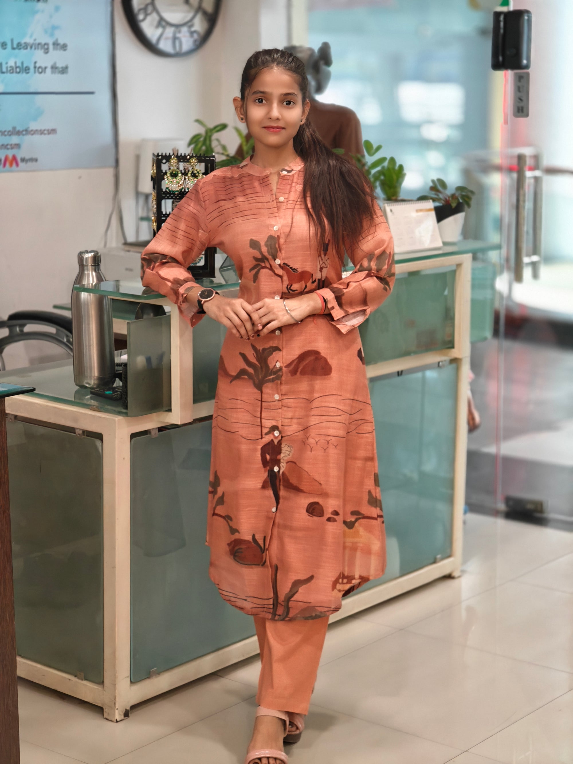 Linen Cotton Printed Kurti with Rust Pant Set 011769