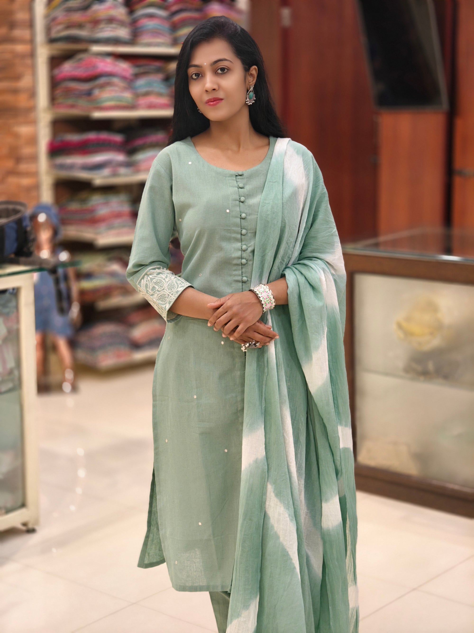 Linen Cotton Kurti Pant Dupatta Set 013017