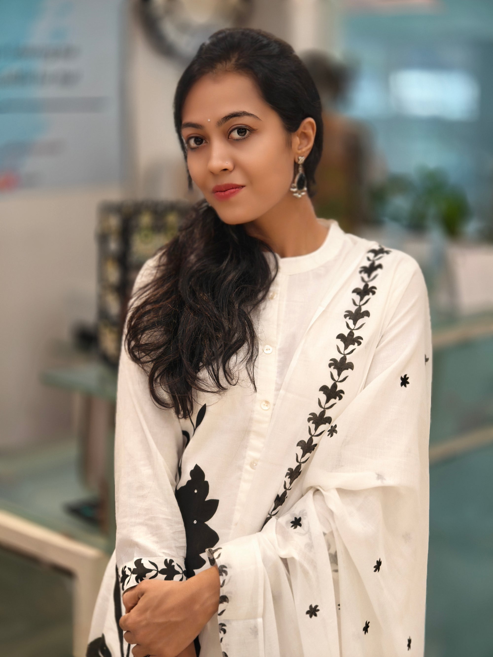 White & Black Mulmul Cotton Flared Kurti Pant Dupatta Set 013420