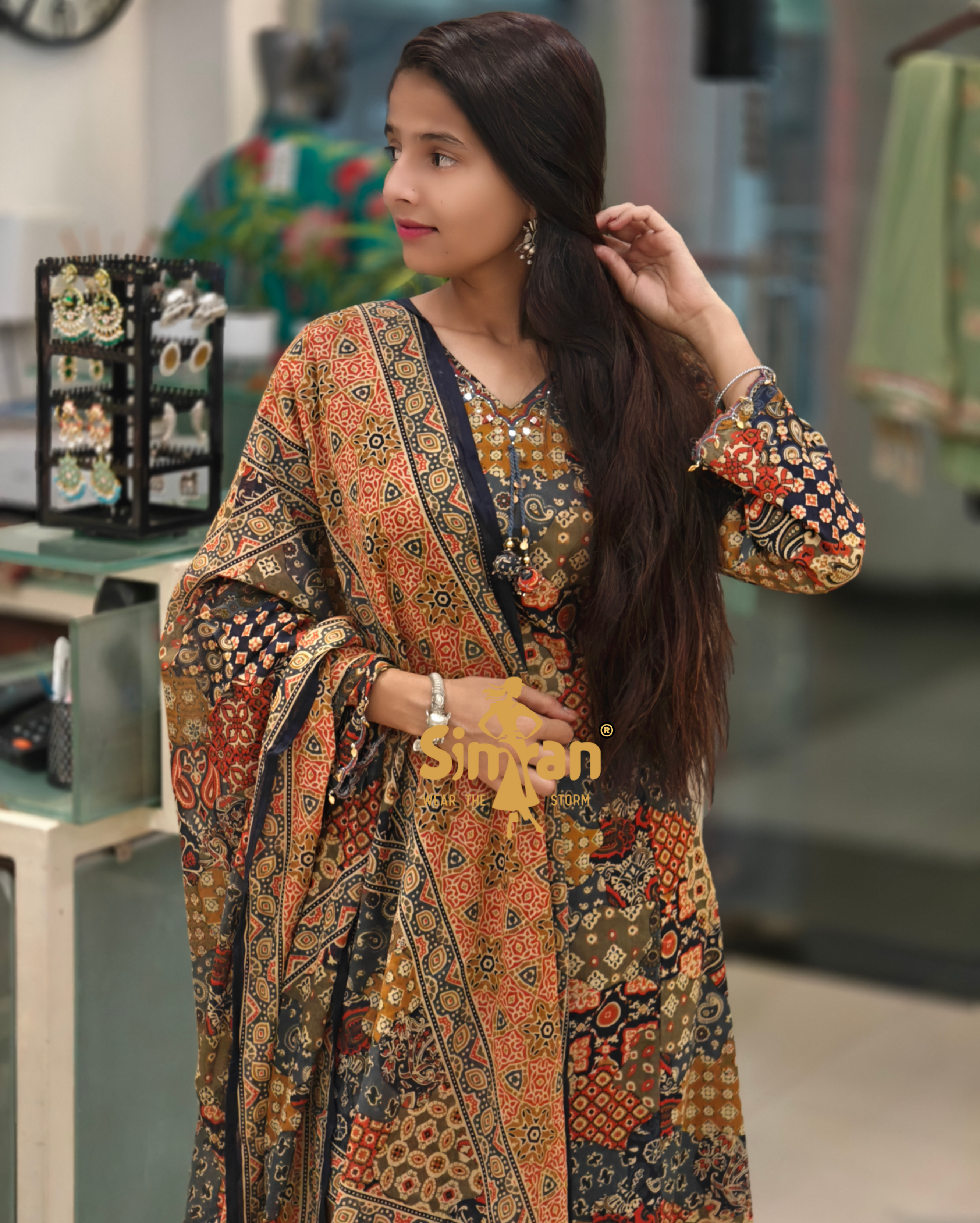 A-Line Pure Cotton Kalamkari Kurti Pant Dupatta Set 013778