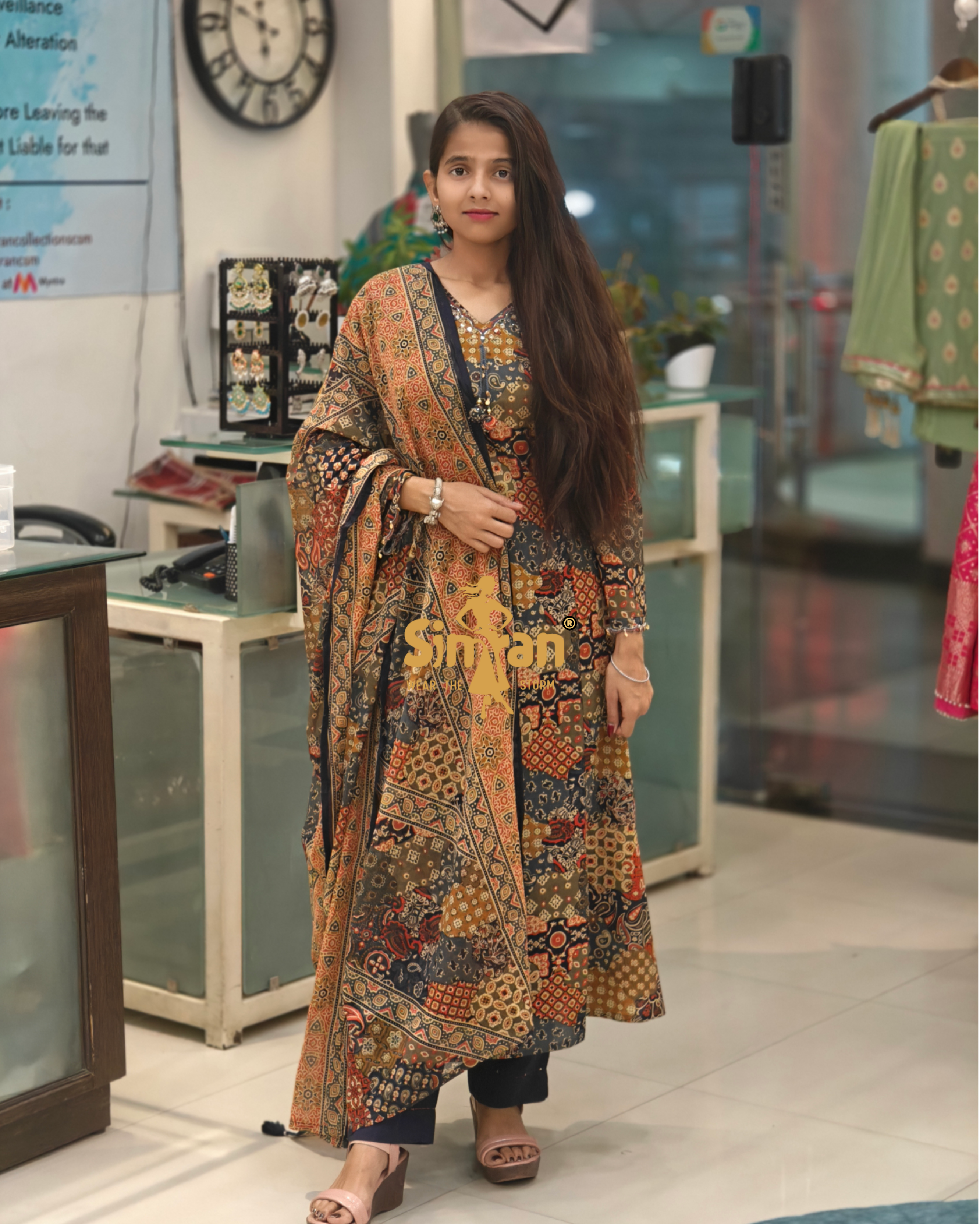 A-Line Pure Cotton Kalamkari Kurti Pant Dupatta Set 013778