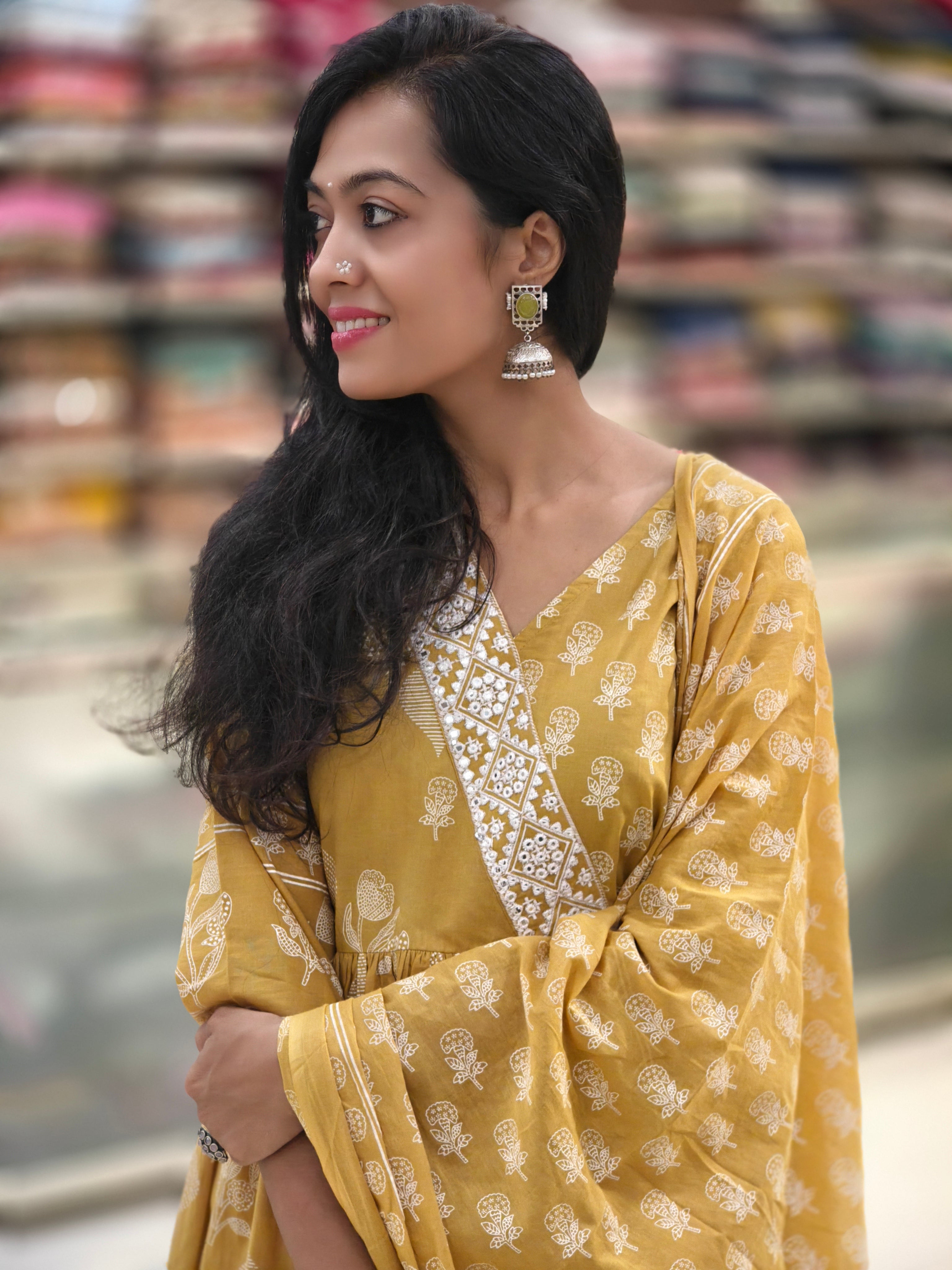 Pure Cotton Flared Kurti Pant Dupatta Set with Angrakha Neck Embroidery | Simran WTS 013849