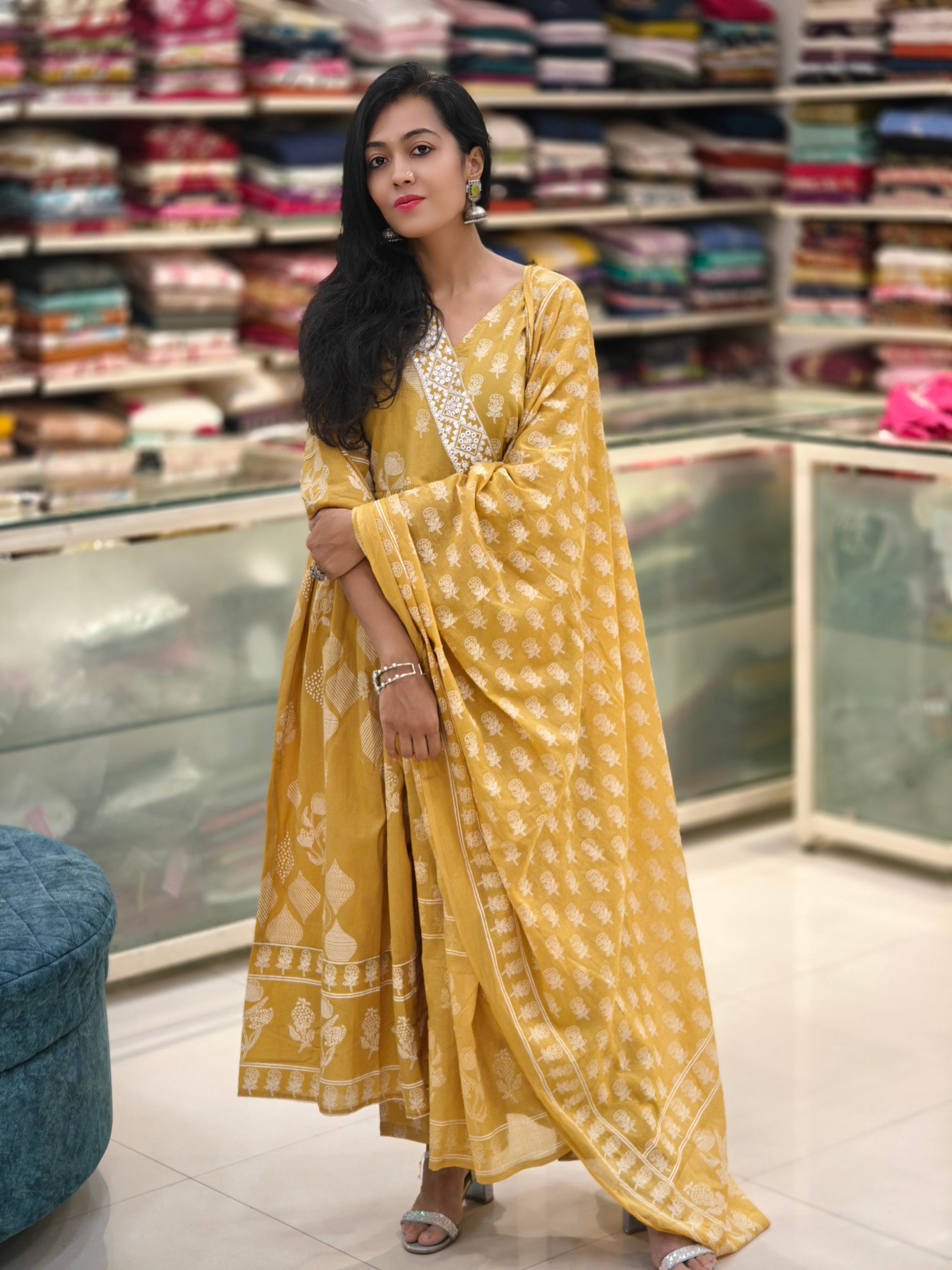 Pure Cotton Flared Kurti Pant Dupatta Set with Angrakha Neck Embroidery | Simran WTS 013849