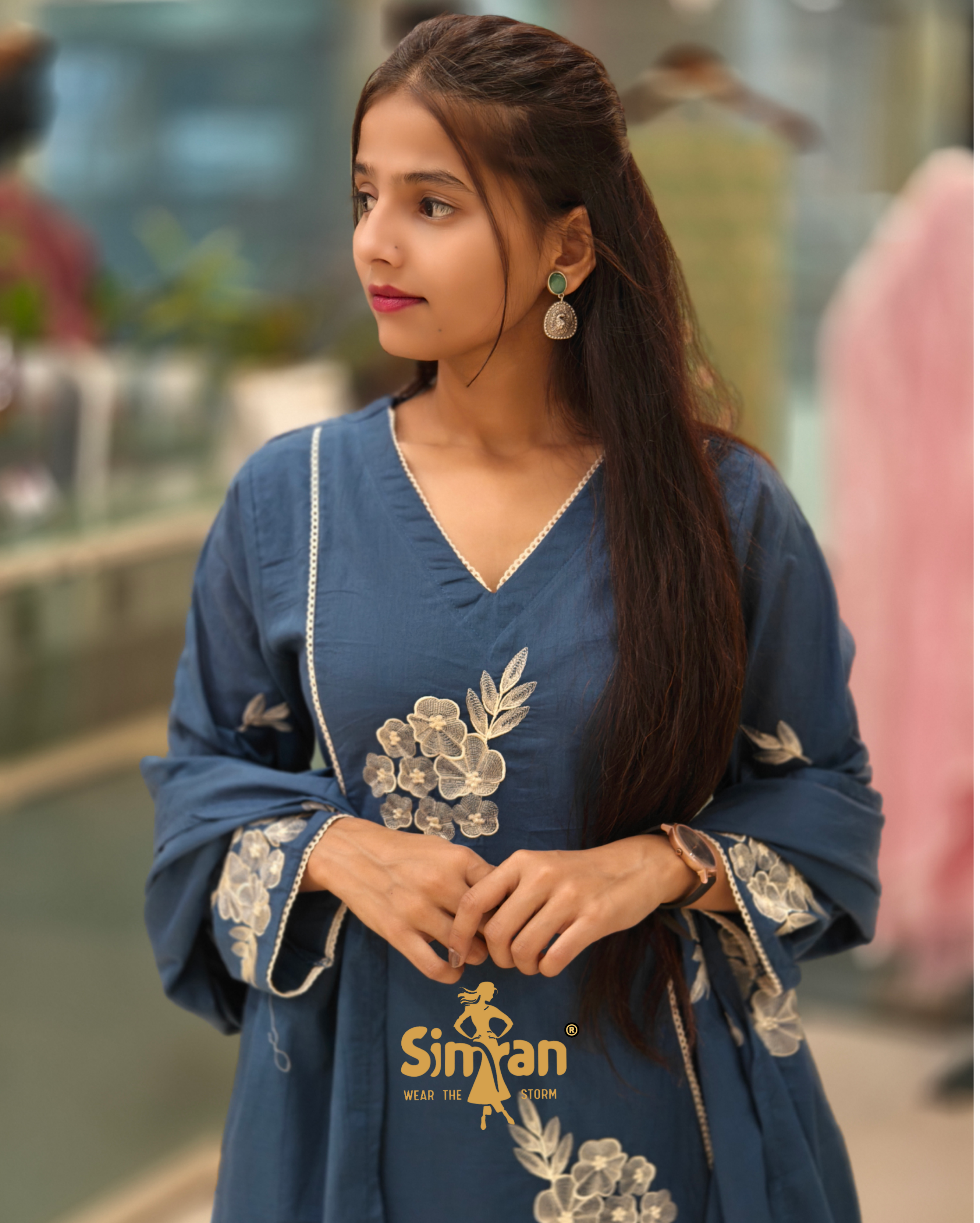 Flared Mulmul Cotton Kurti Pant Dupatta Set with Embroidery 013878