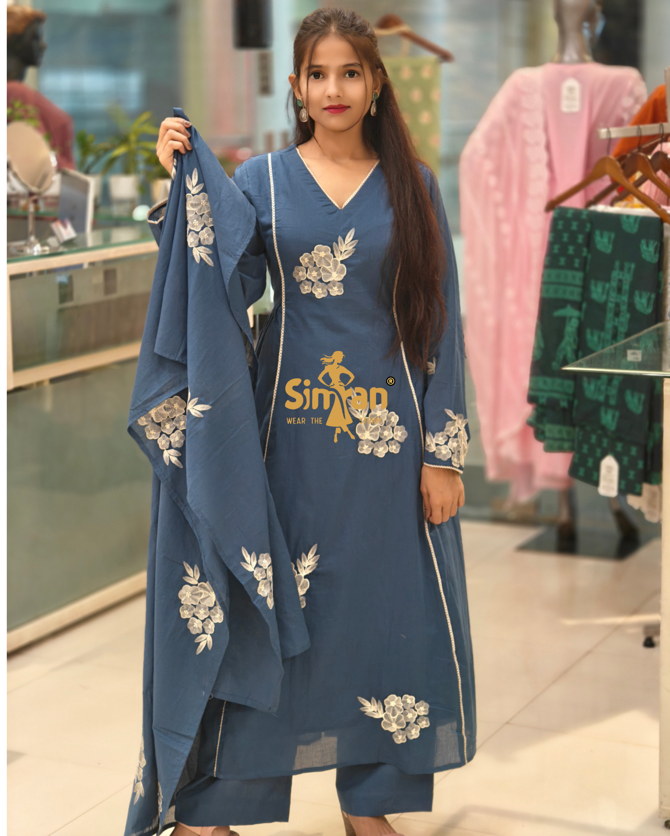 Flared Mulmul Cotton Kurti Pant Dupatta Set with Embroidery 013878