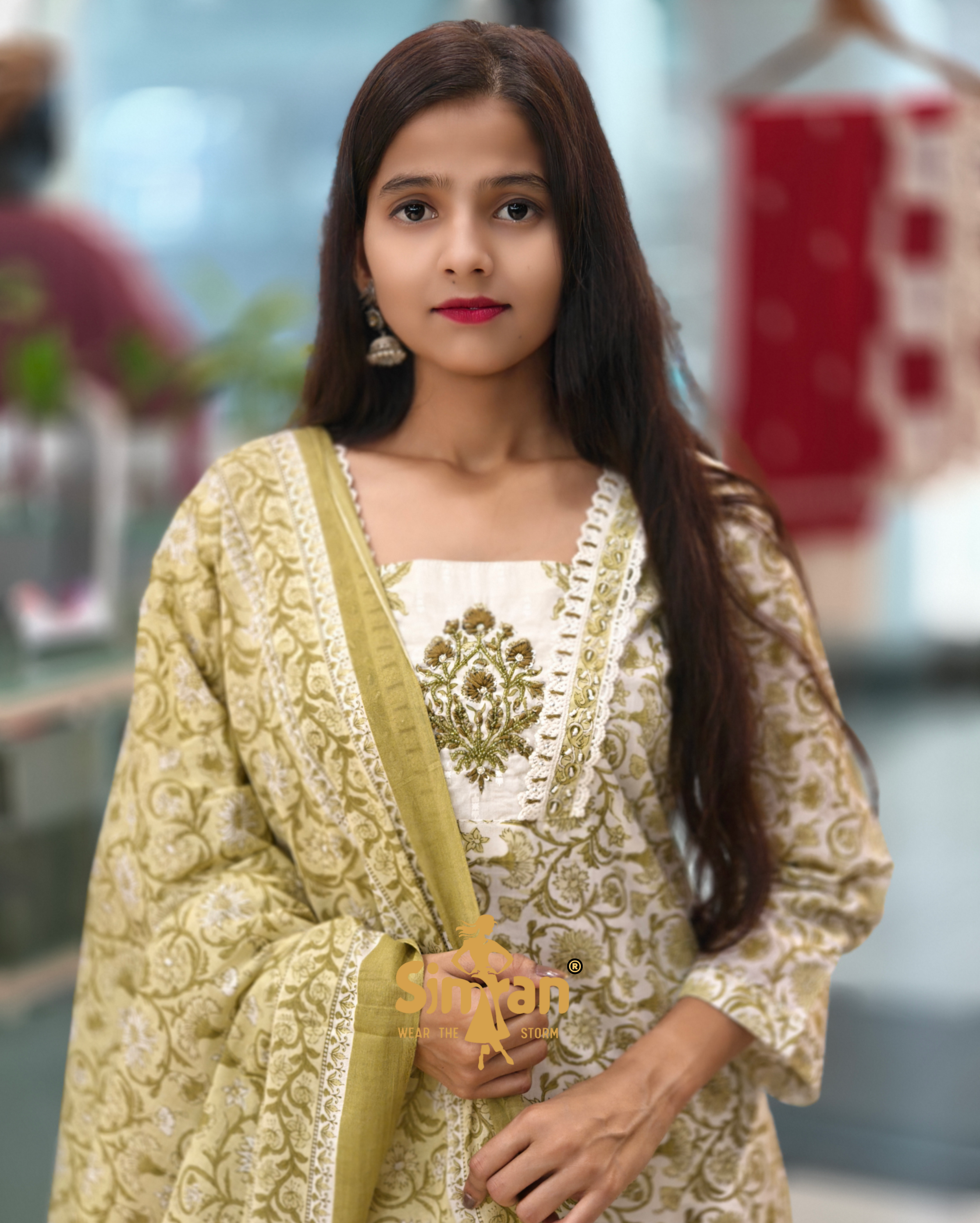 Pure Cotton Kurti Pant Dupatta Set with Lace Neck Detail 013896