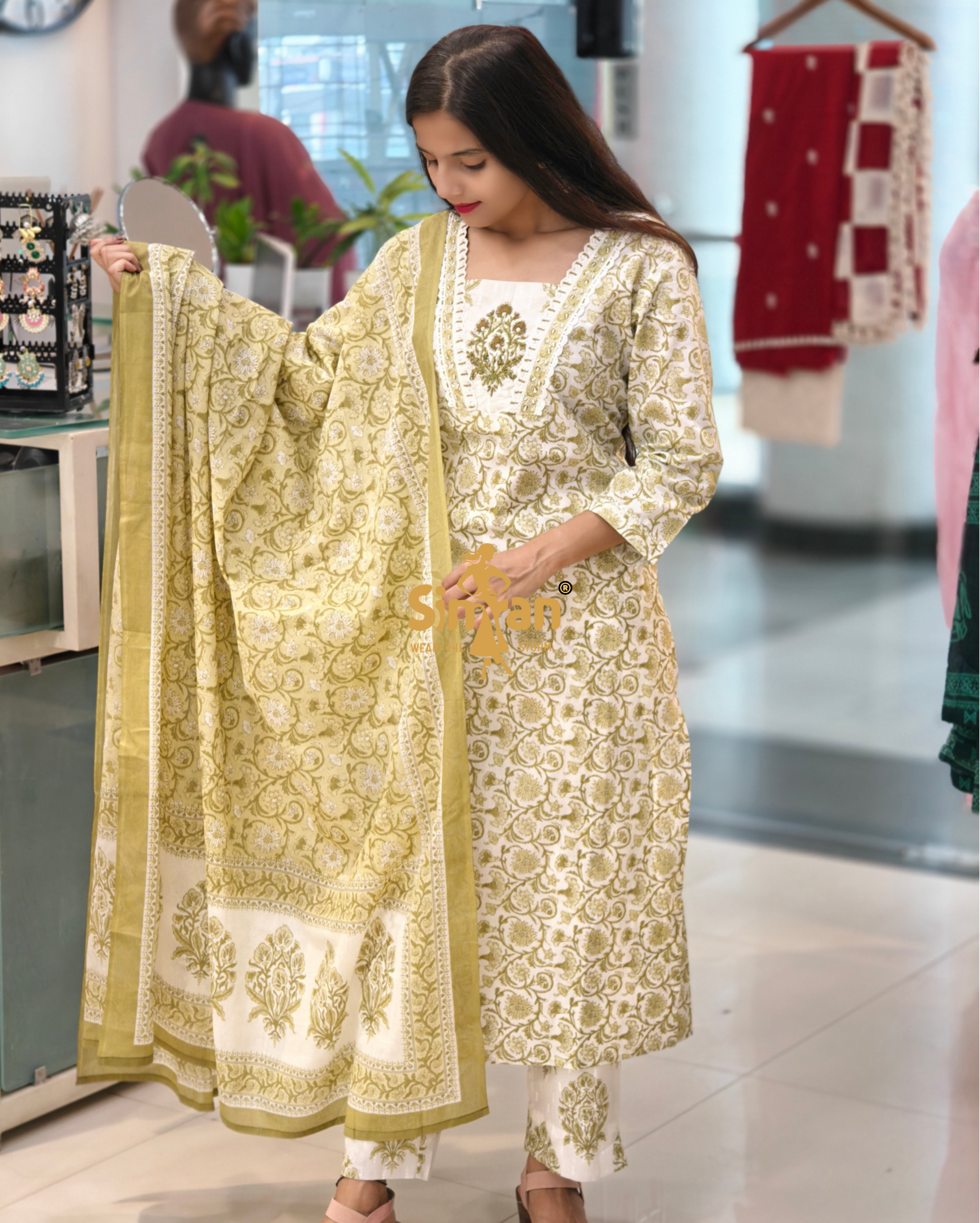 Pure Cotton Kurti Pant Dupatta Set with Lace Neck Detail 013896
