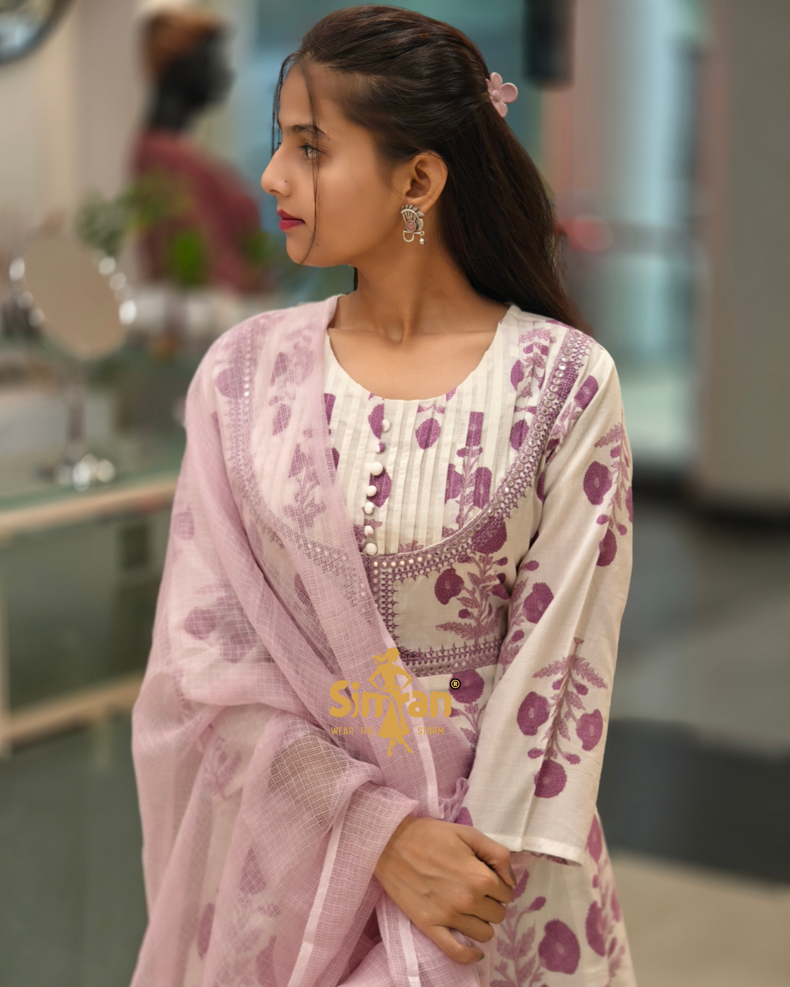 Flared Printed Pure Cotton Kurti Pant Doria Dupatta Set 013904