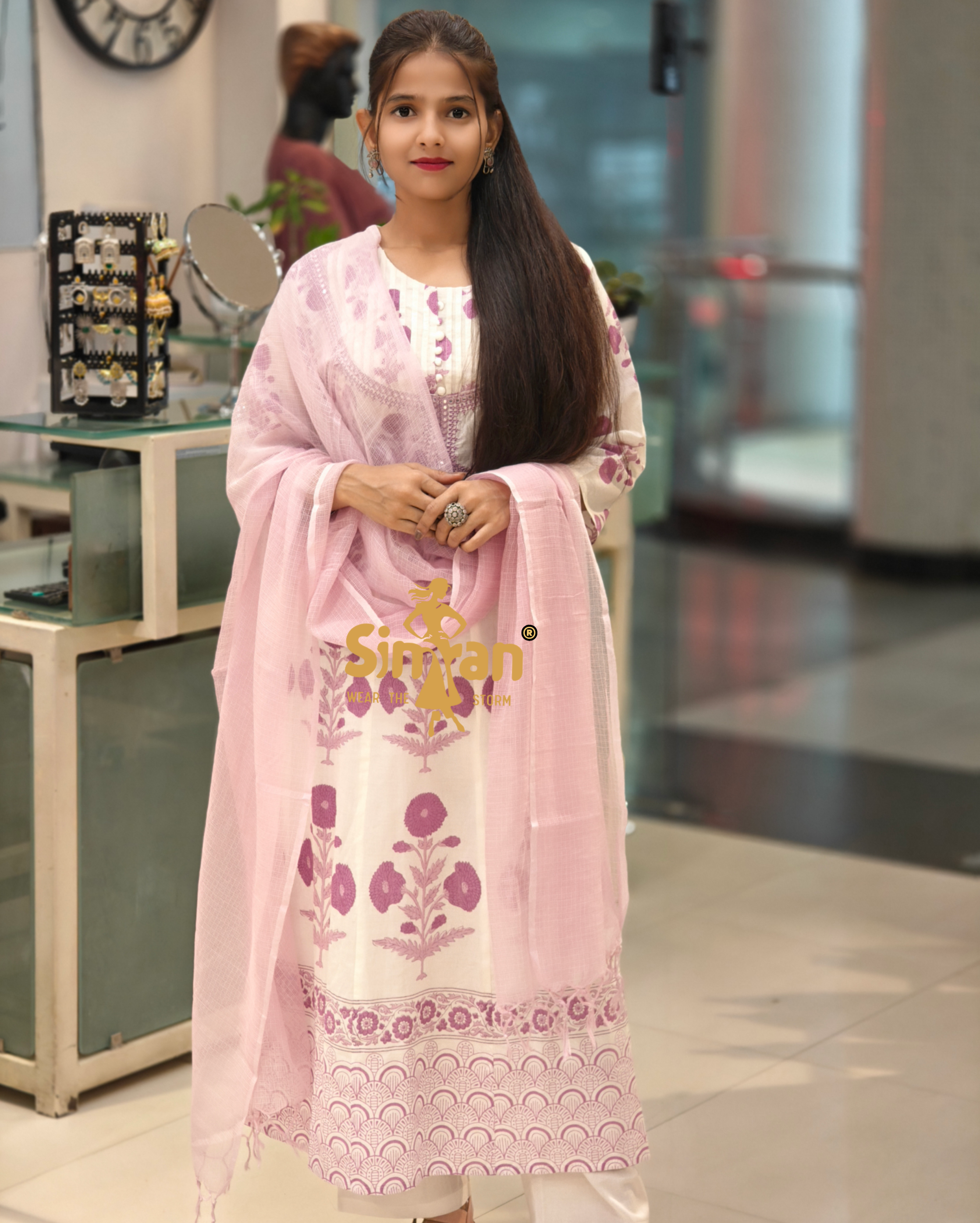 Flared Printed Pure Cotton Kurti Pant Doria Dupatta Set 013904