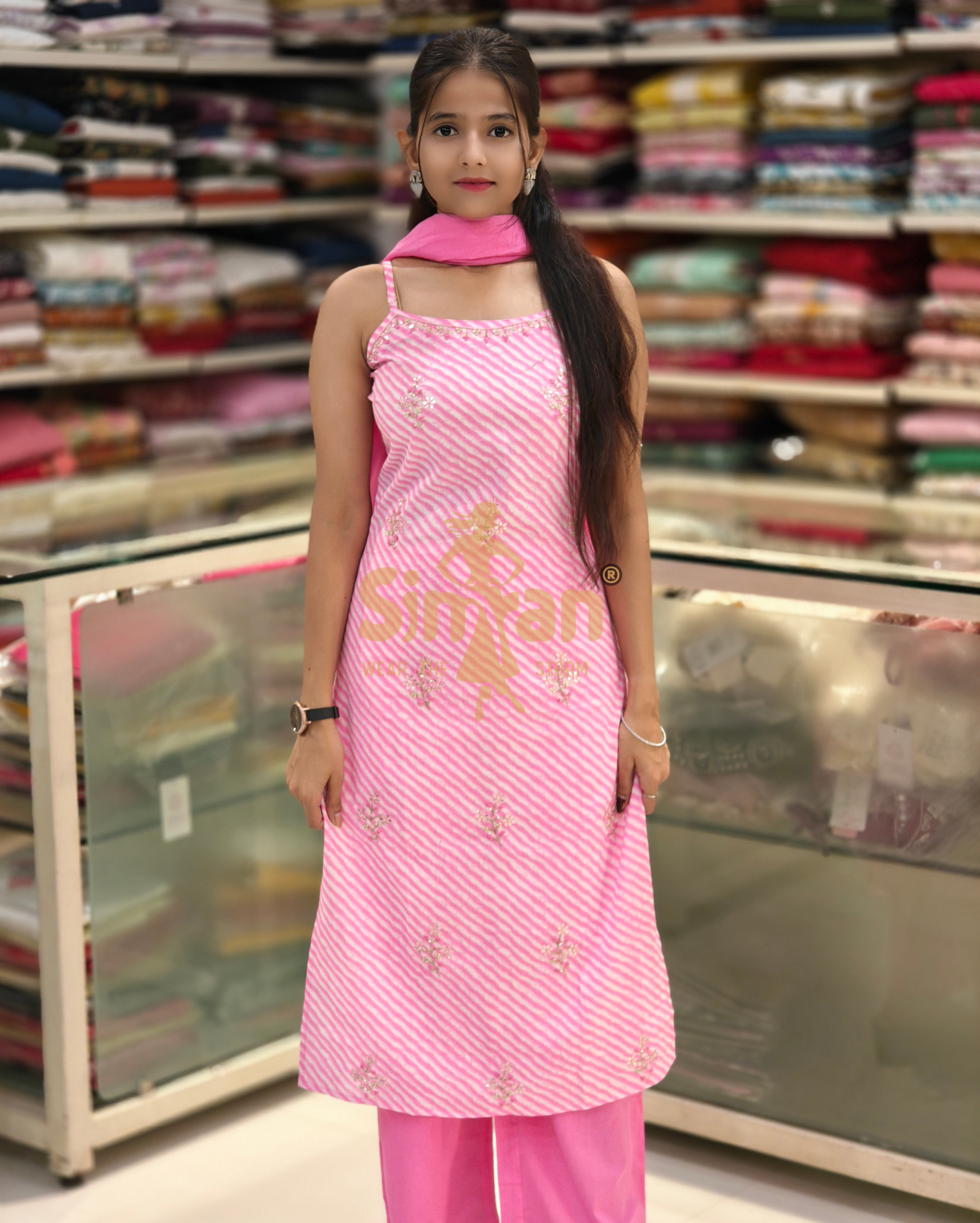 Leheriya Strappy Kurti Pant Dupatta Set 013955