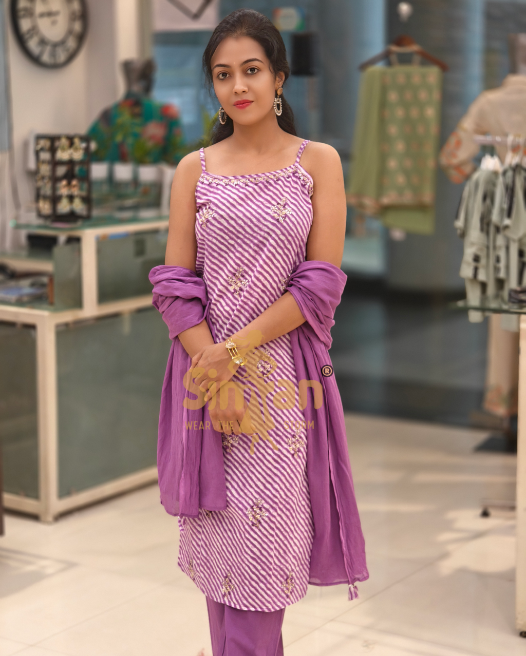 Leheriya Strappy Kurti Pant Dupatta Set 013956 - PURPLE