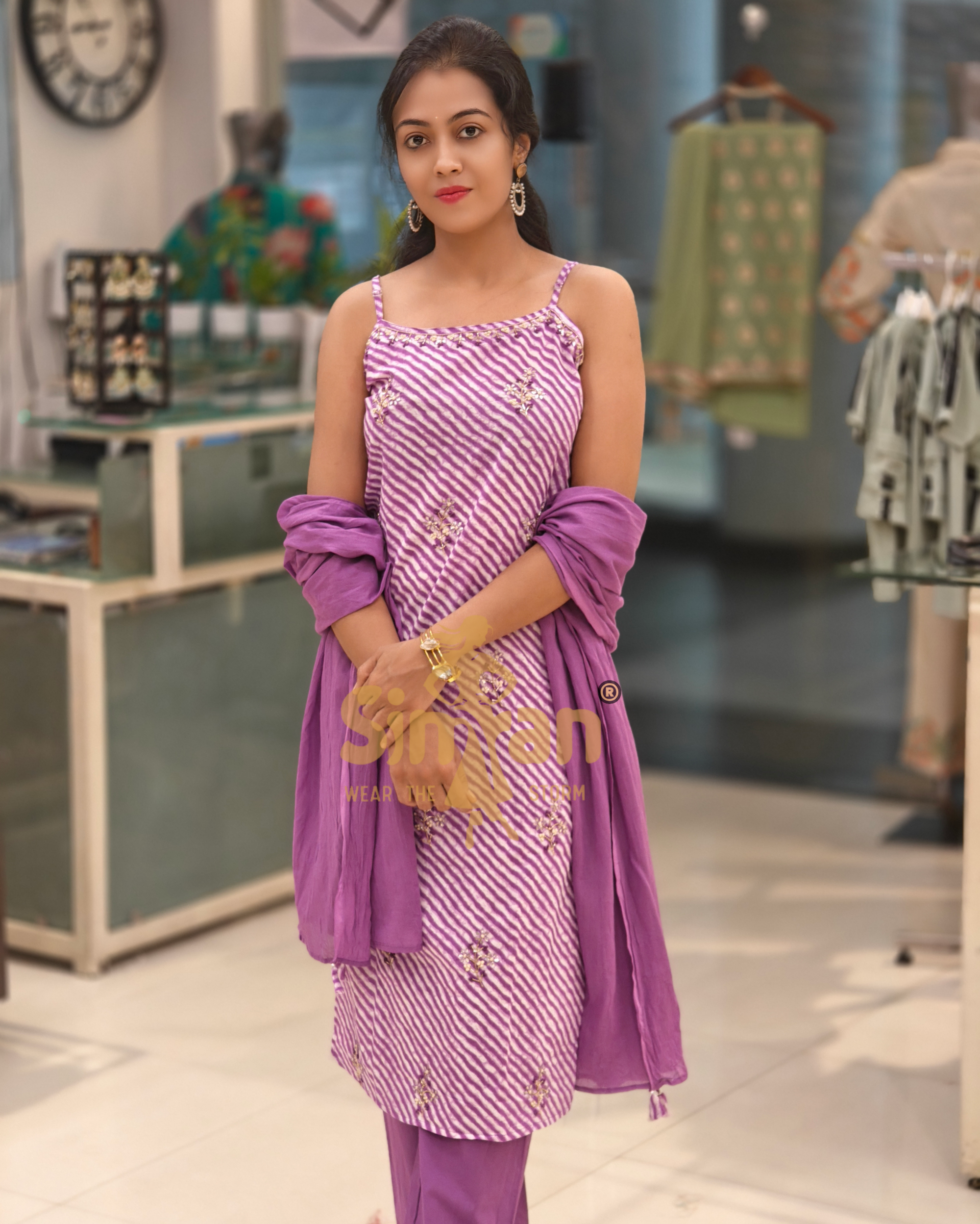 Leheriya Strappy Kurti Pant Dupatta Set 013956 - PURPLE