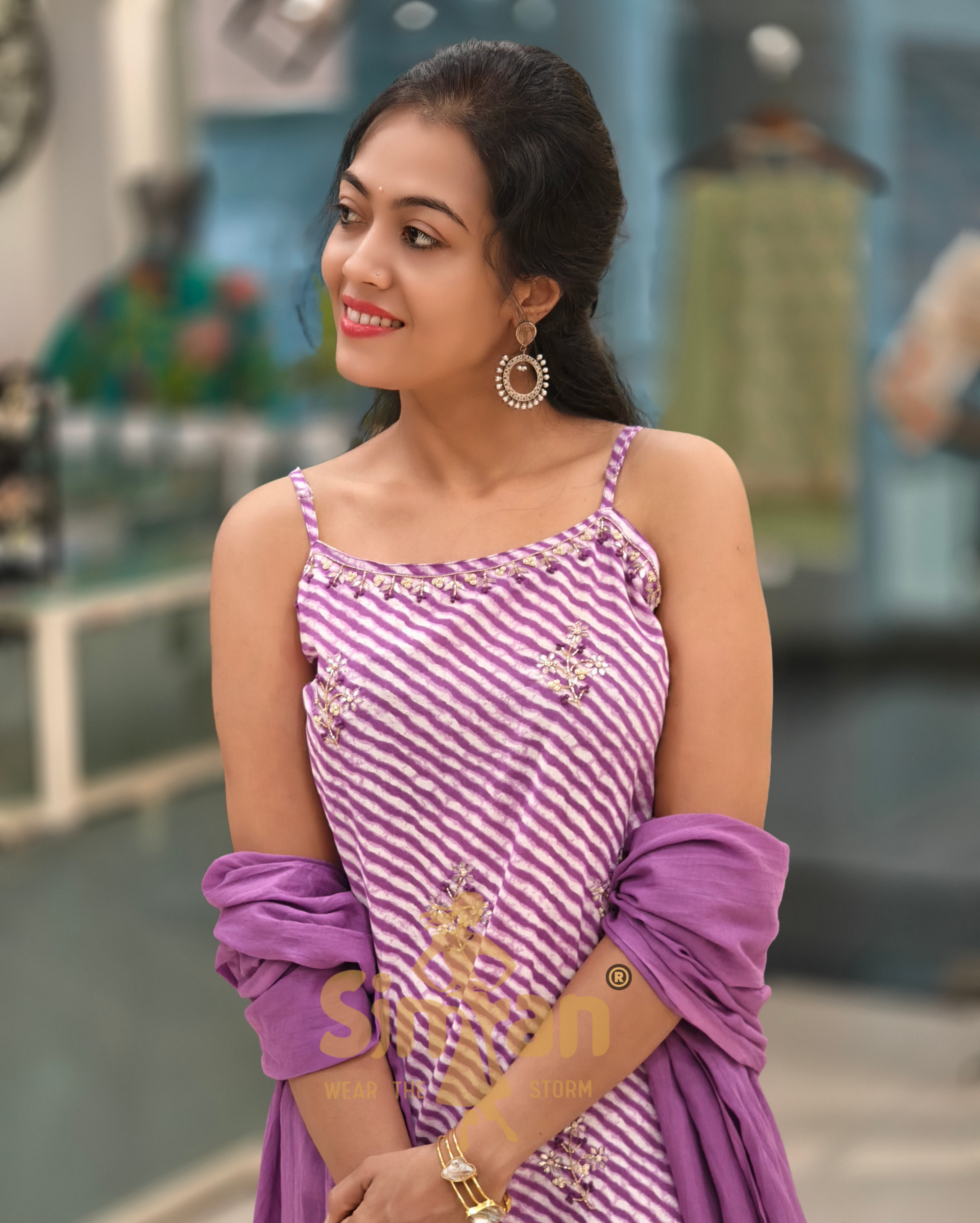 Leheriya Strappy Kurti Pant Dupatta Set 013956 - PURPLE