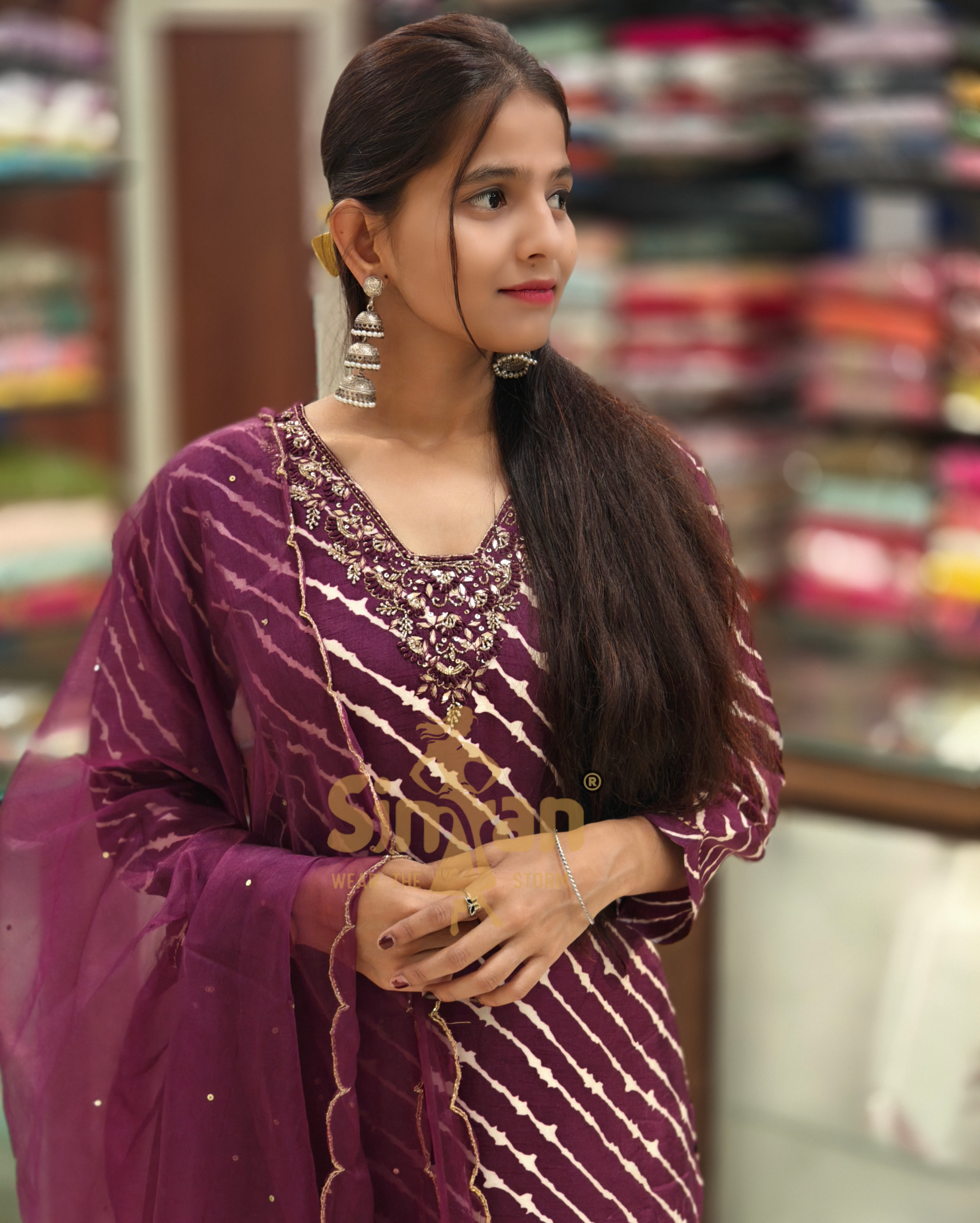 Crepe Leheriya Kurti Pant Dupatta Set 013959