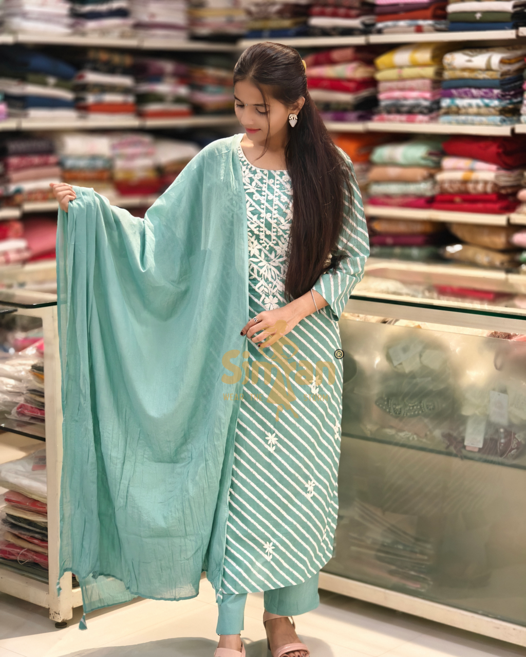 Elegant Lehriya Pure Cotton Straight Top with Pant and Dupatta Set 013963