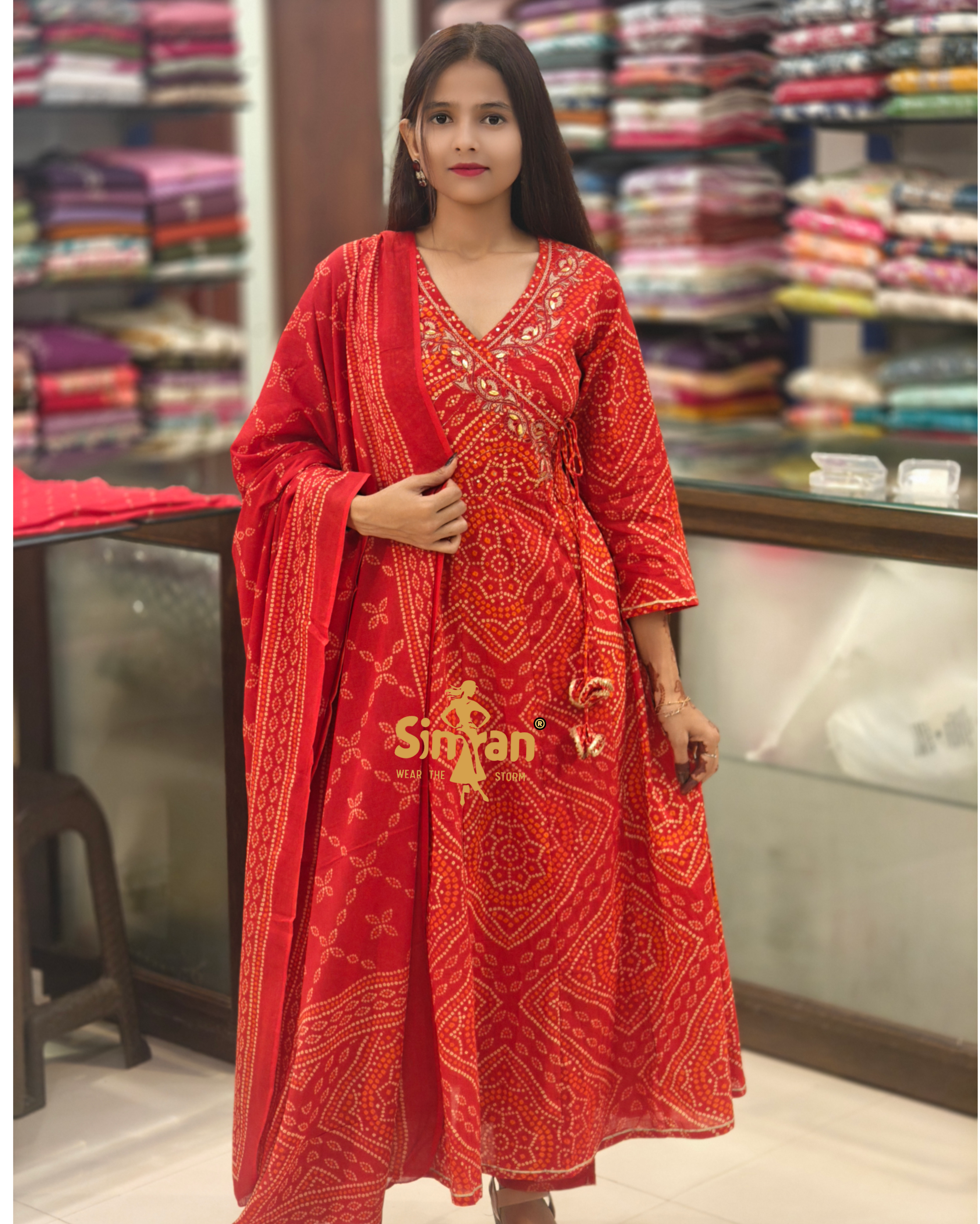 Flared Cotton Kurti Pant Dupatta Set – Bandhani Print | Angrakha Neck 014124