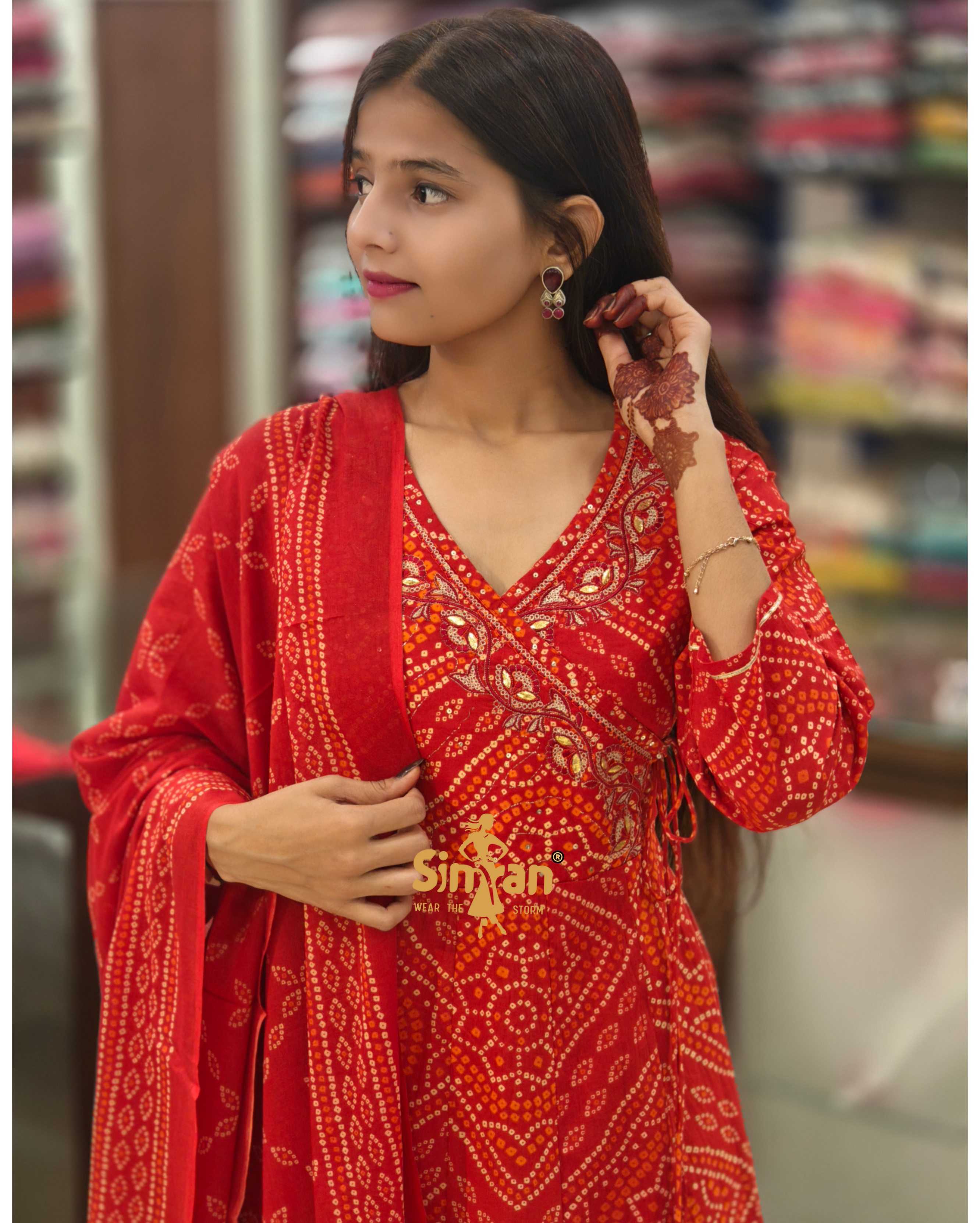 Flared Cotton Kurti Pant Dupatta Set – Bandhani Print | Angrakha Neck 014124