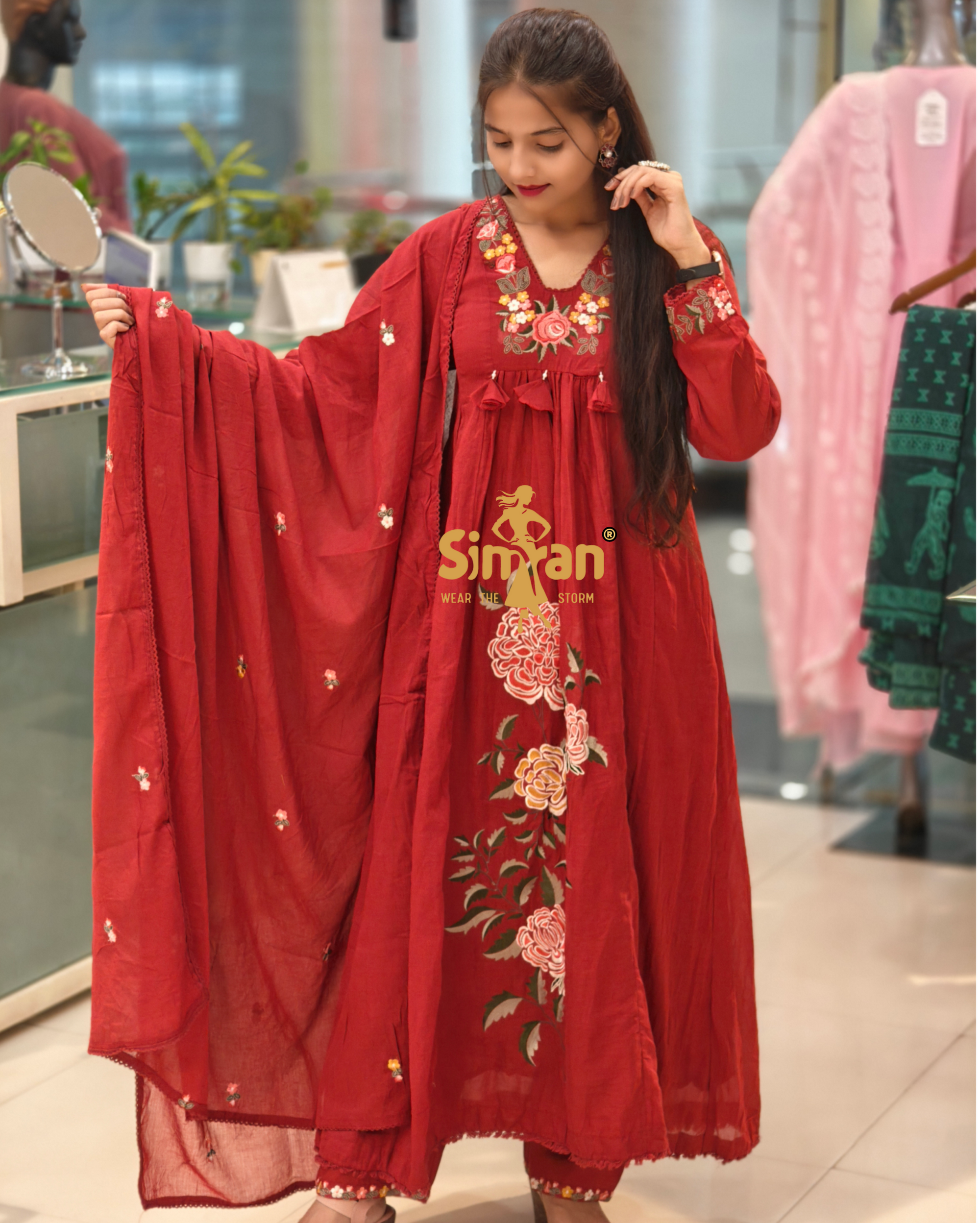 Flared Mulmul Cotton Kurti Pant Dupatta Set with Embroidery 013893