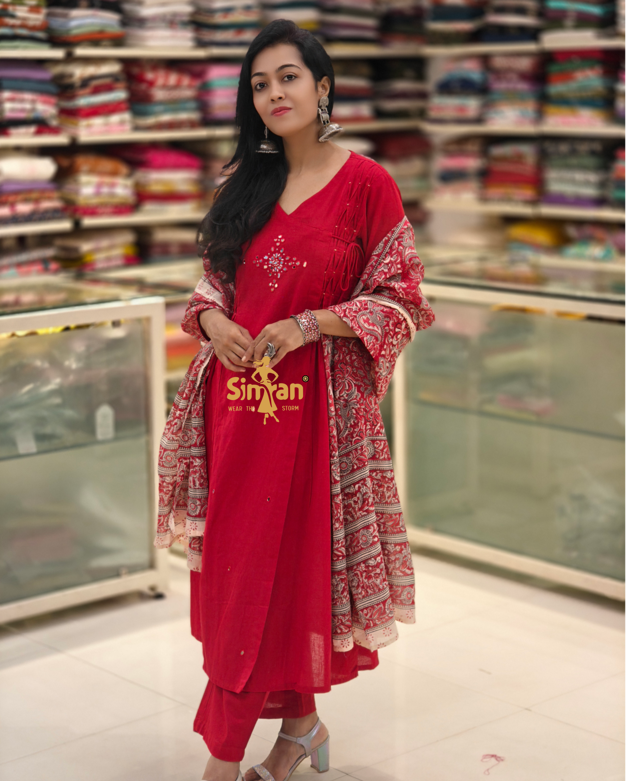 Linen Cotton A-Line Kurti Pant Dupatta Set 014371