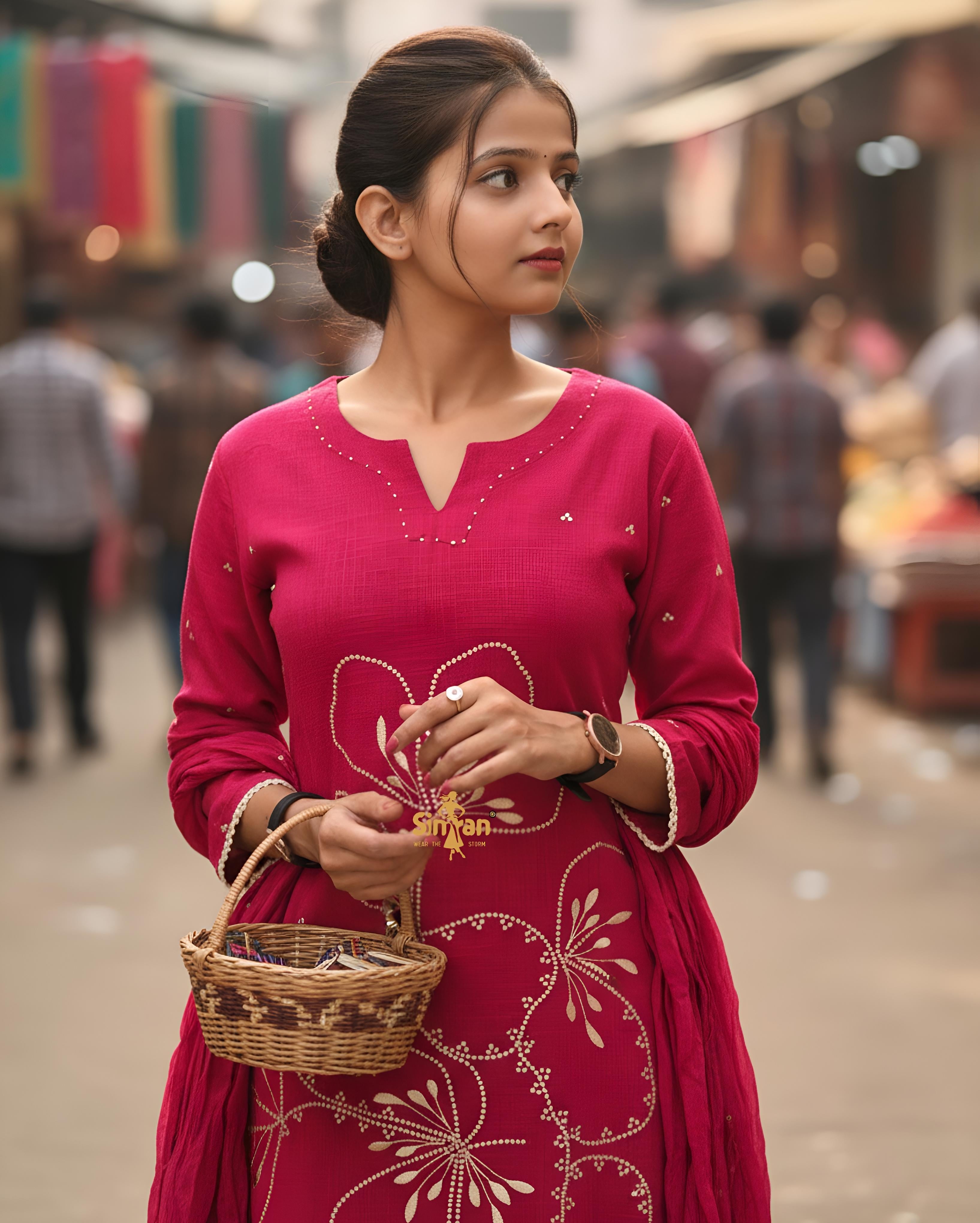 Linen Cotton Kurti Pant Dupatta Set 014739