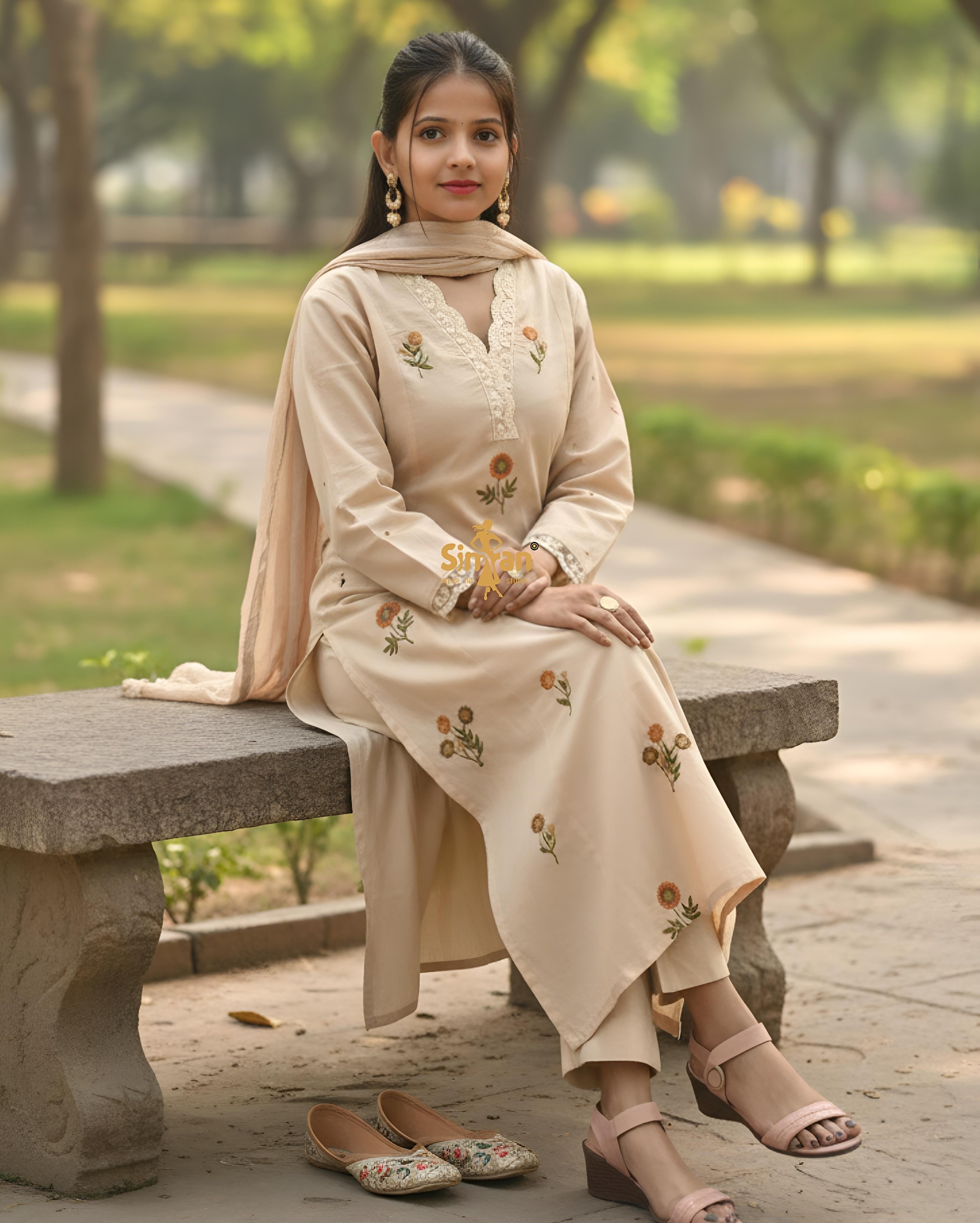 Pure Cotton Kurti Pant Dupatta Set 014744