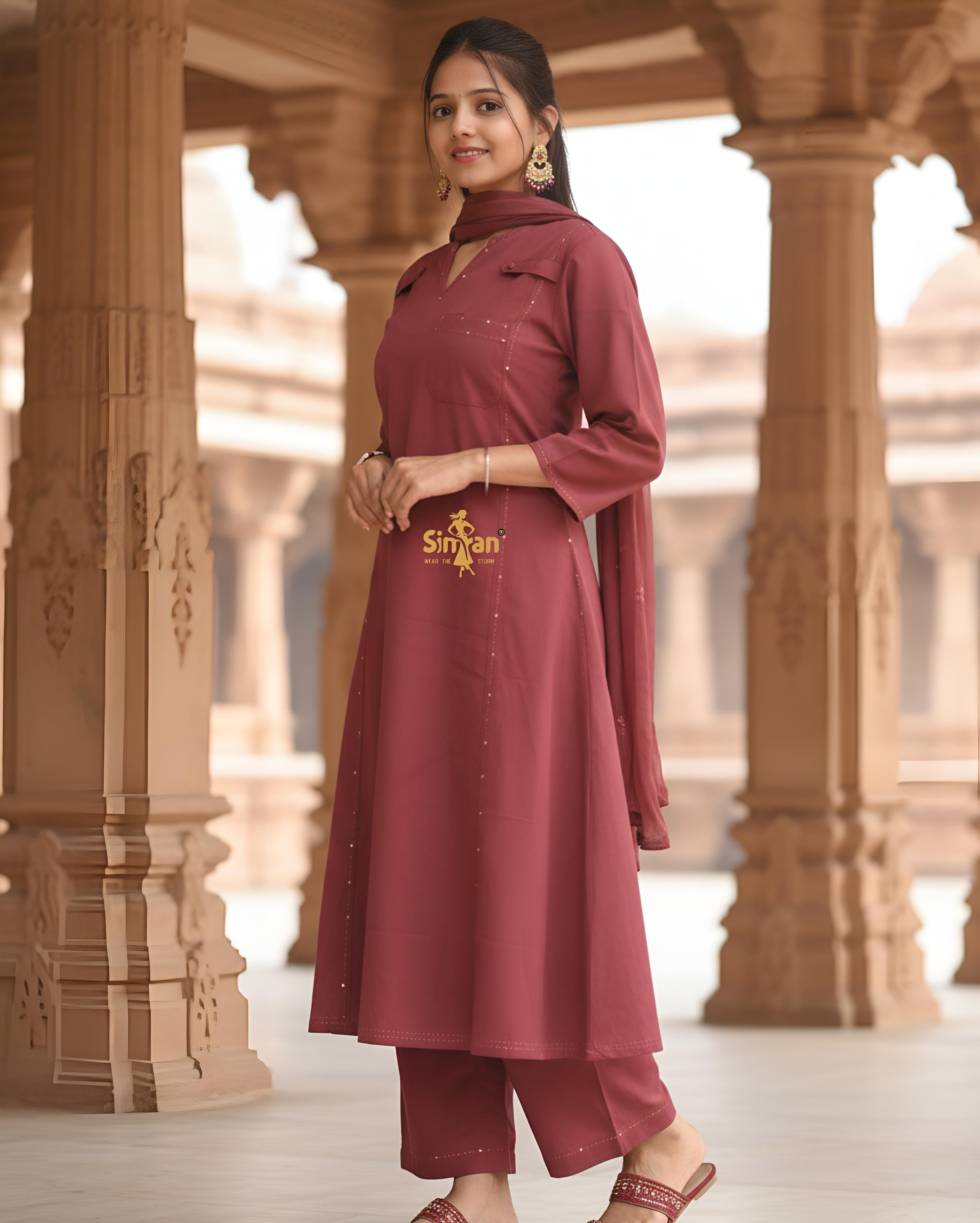 Linen Cotton Kurti Pant Dupatta Set 014758