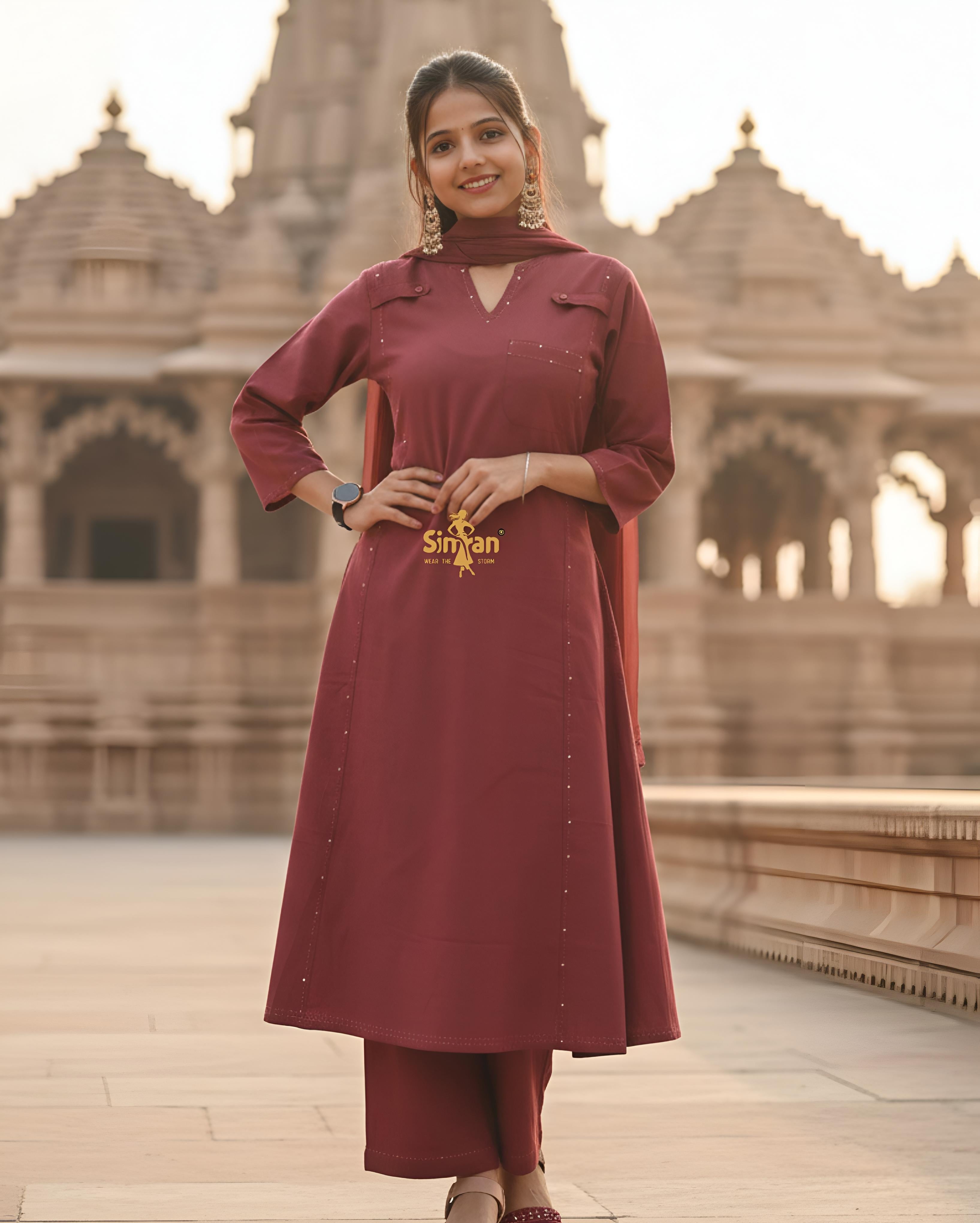 Linen Cotton Kurti Pant Dupatta Set 014758