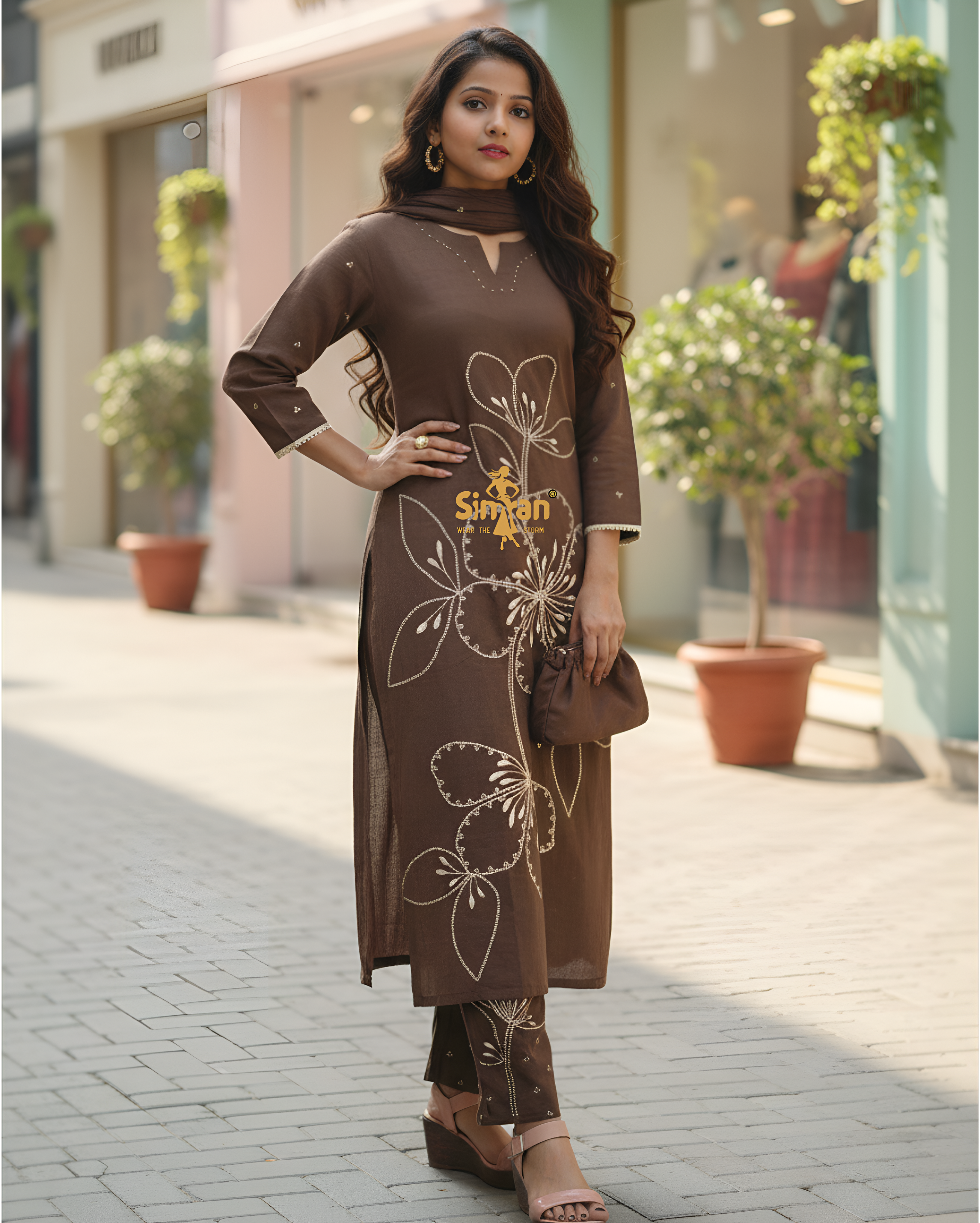 Linen Cotton Kurti Pant Dupatta Set 014737