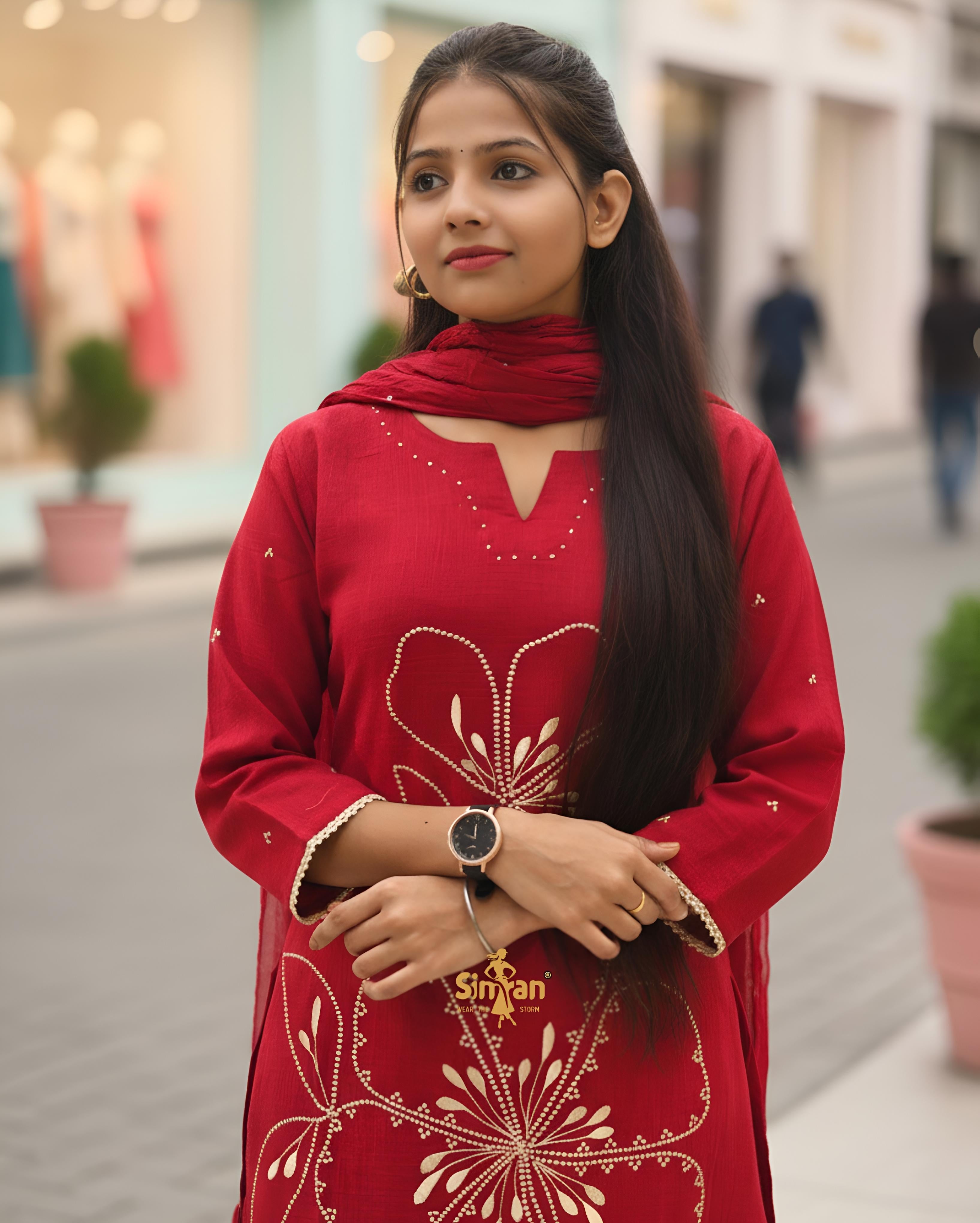 Linen Cotton Kurti Pant Dupatta Set 014736