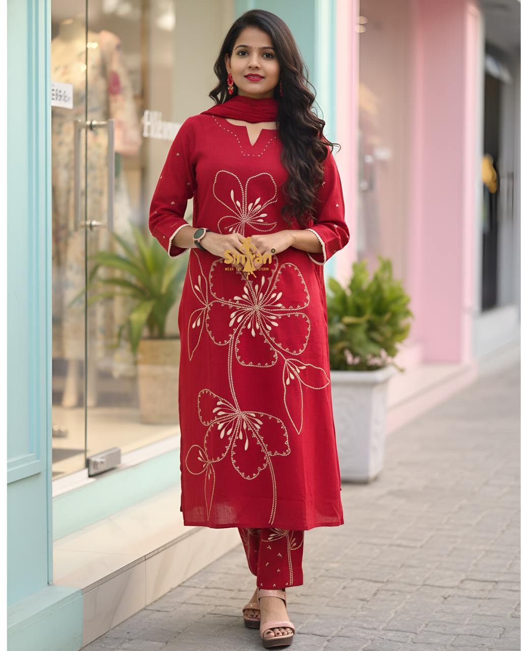 Linen Cotton Kurti Pant Dupatta Set 014736