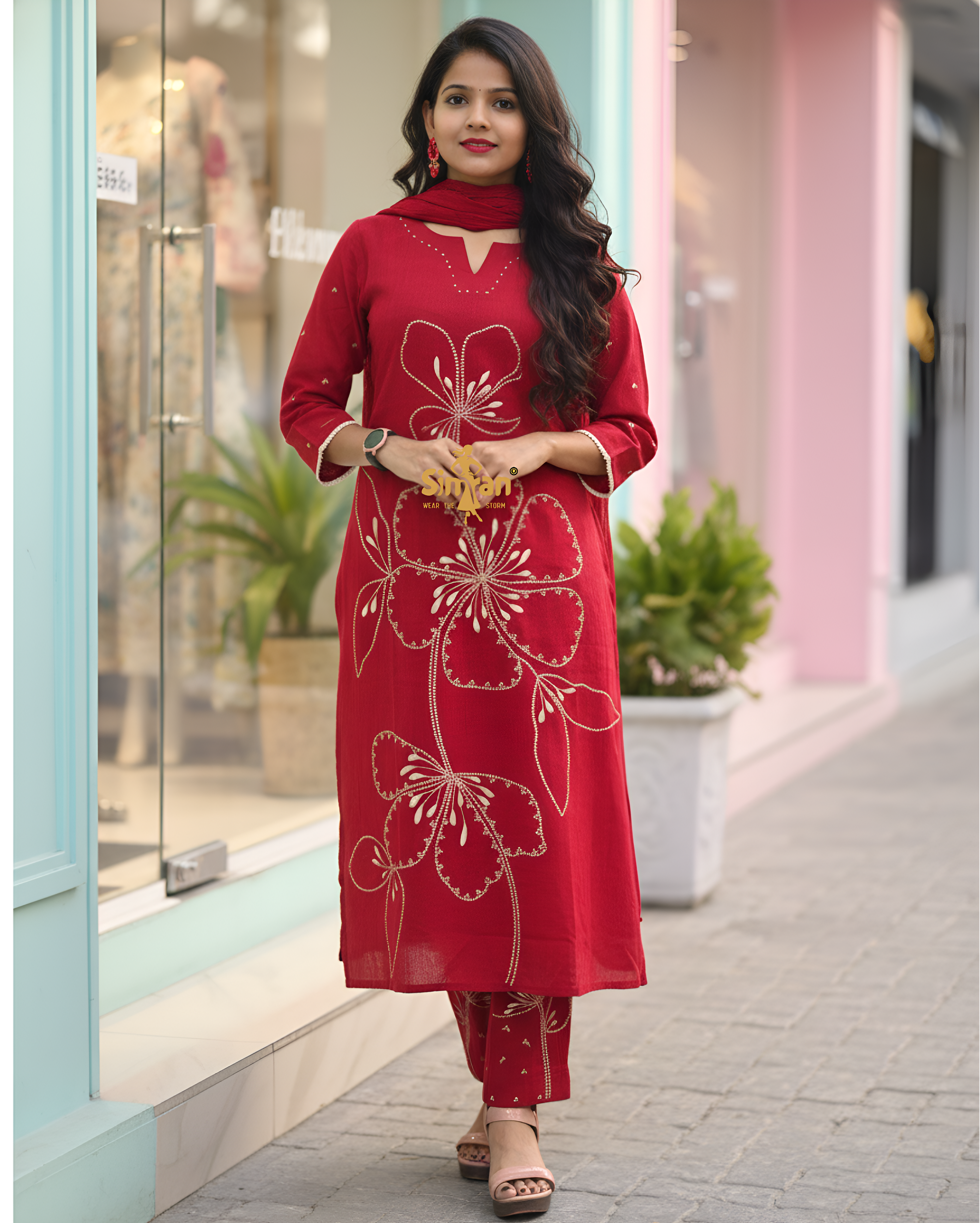 Linen Cotton Kurti Pant Dupatta Set 014736
