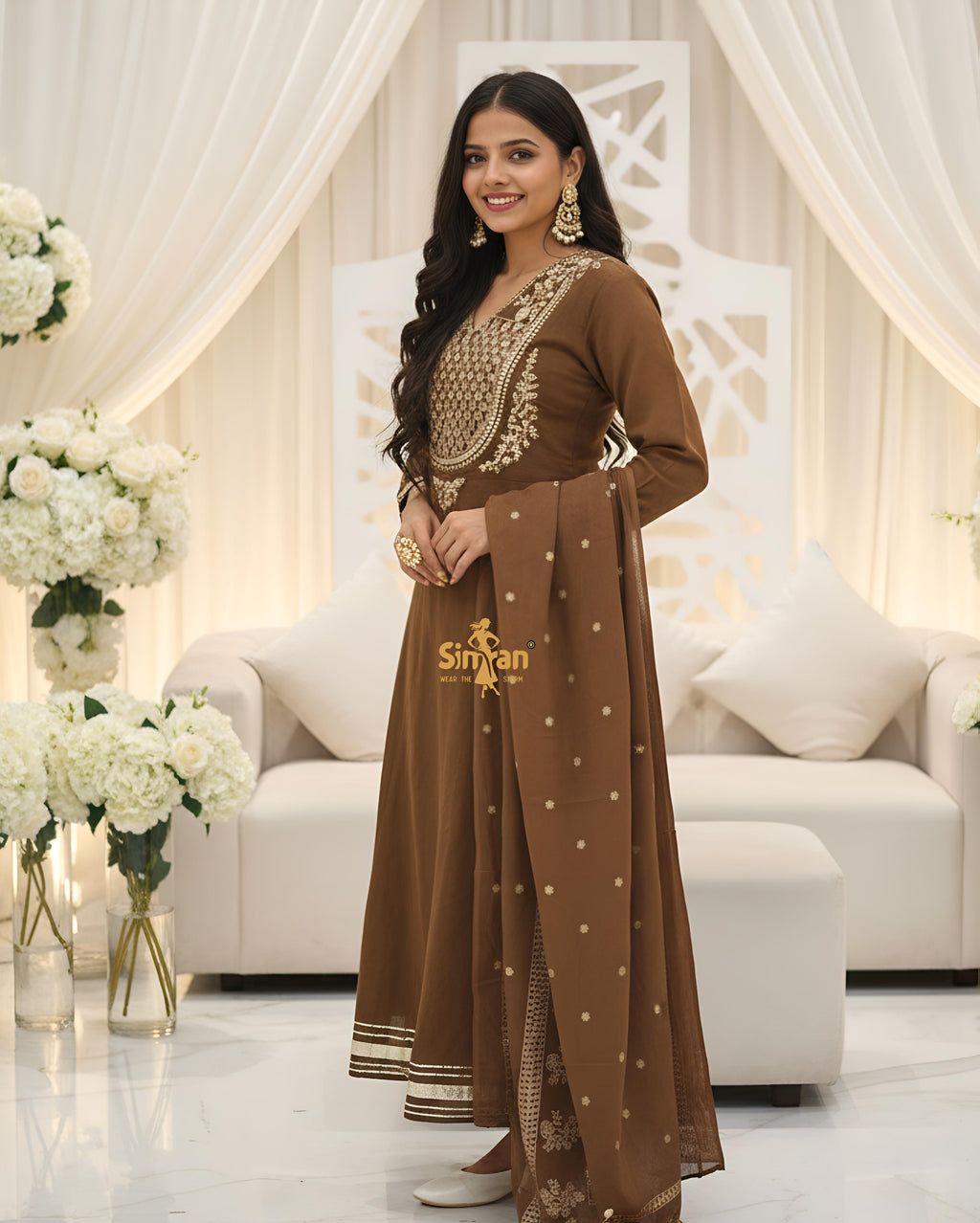 Flared Mulmul Cotton Kurti Pant Dupatta Set with Embroidery 014755