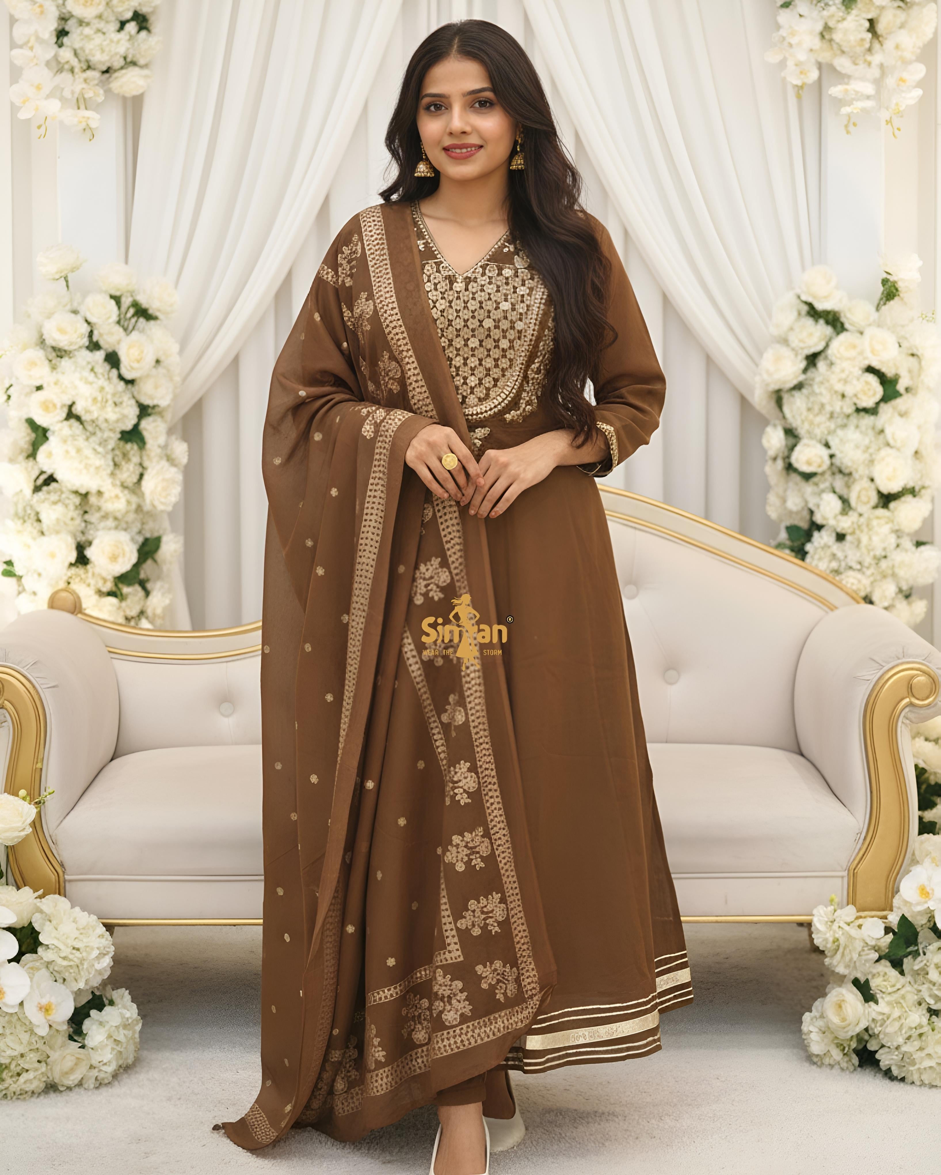 Flared Mulmul Cotton Kurti Pant Dupatta Set with Embroidery 014755