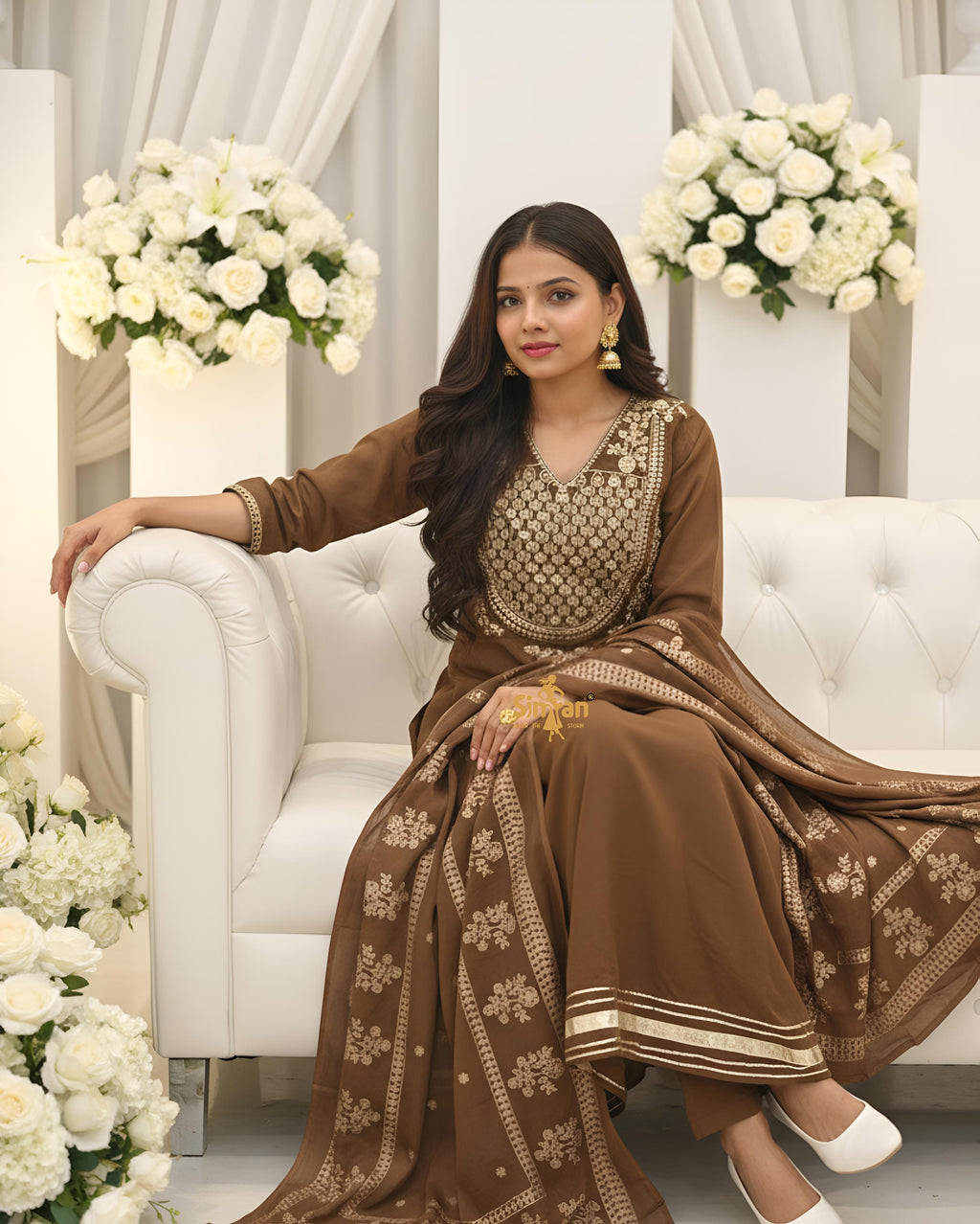 Flared Mulmul Cotton Kurti Pant Dupatta Set with Embroidery 014755