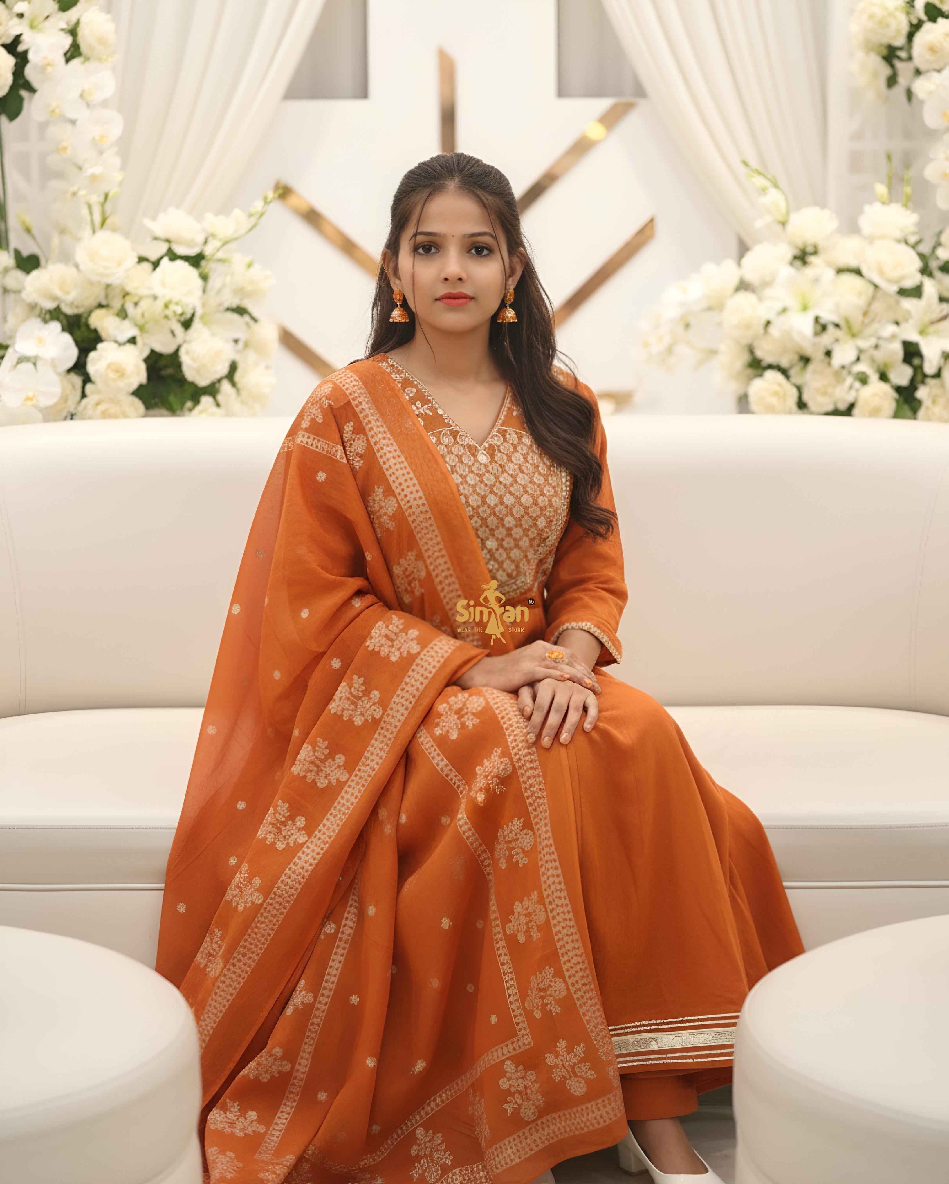 Flared Mulmul Cotton Kurti Pant Dupatta Set with Embroidery 014752