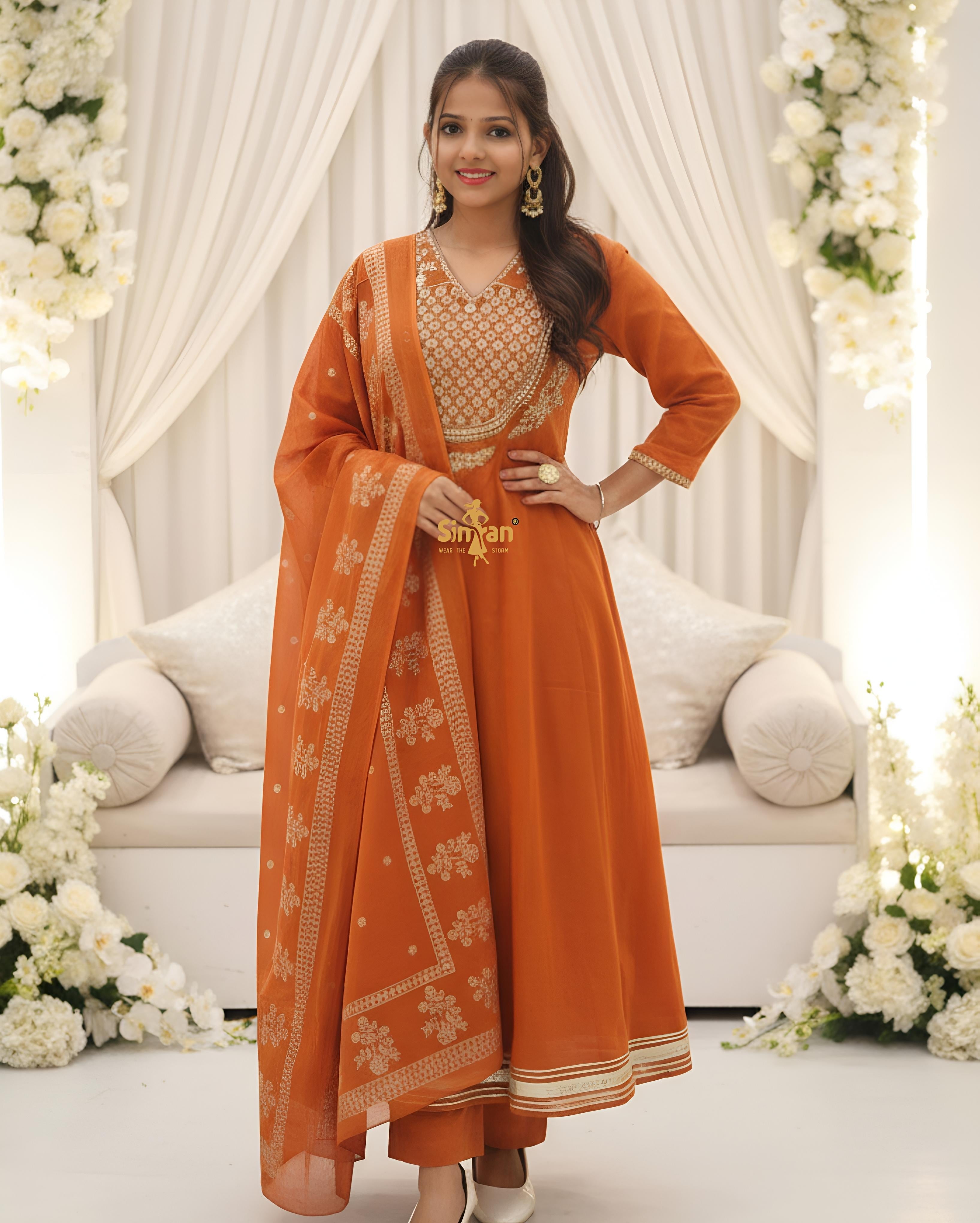 Flared Mulmul Cotton Kurti Pant Dupatta Set with Embroidery 014752