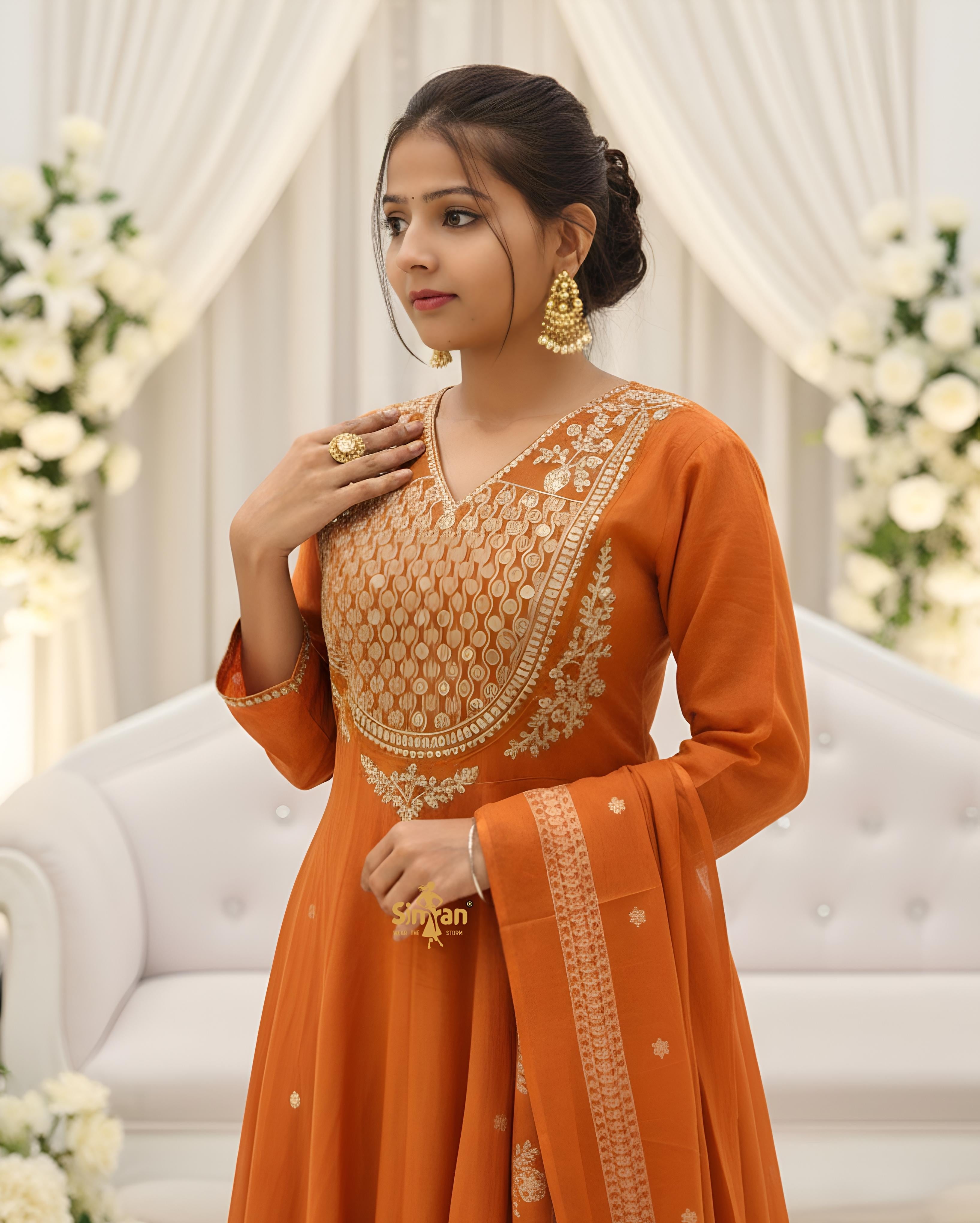 Flared Mulmul Cotton Kurti Pant Dupatta Set with Embroidery 014752