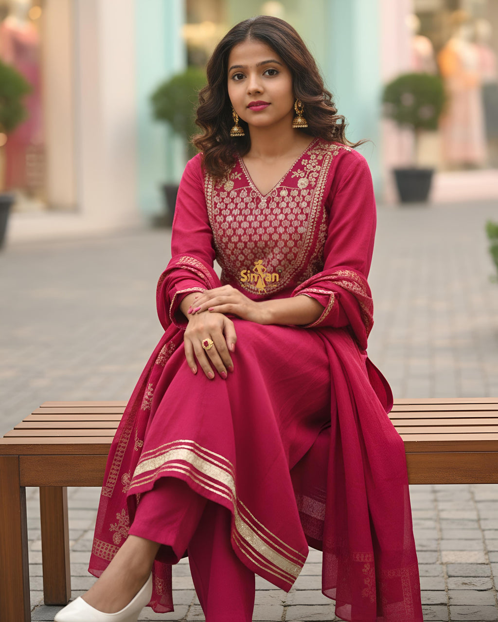 Flared Mulmul Cotton Kurti Pant Dupatta Set with Embroidery 014754