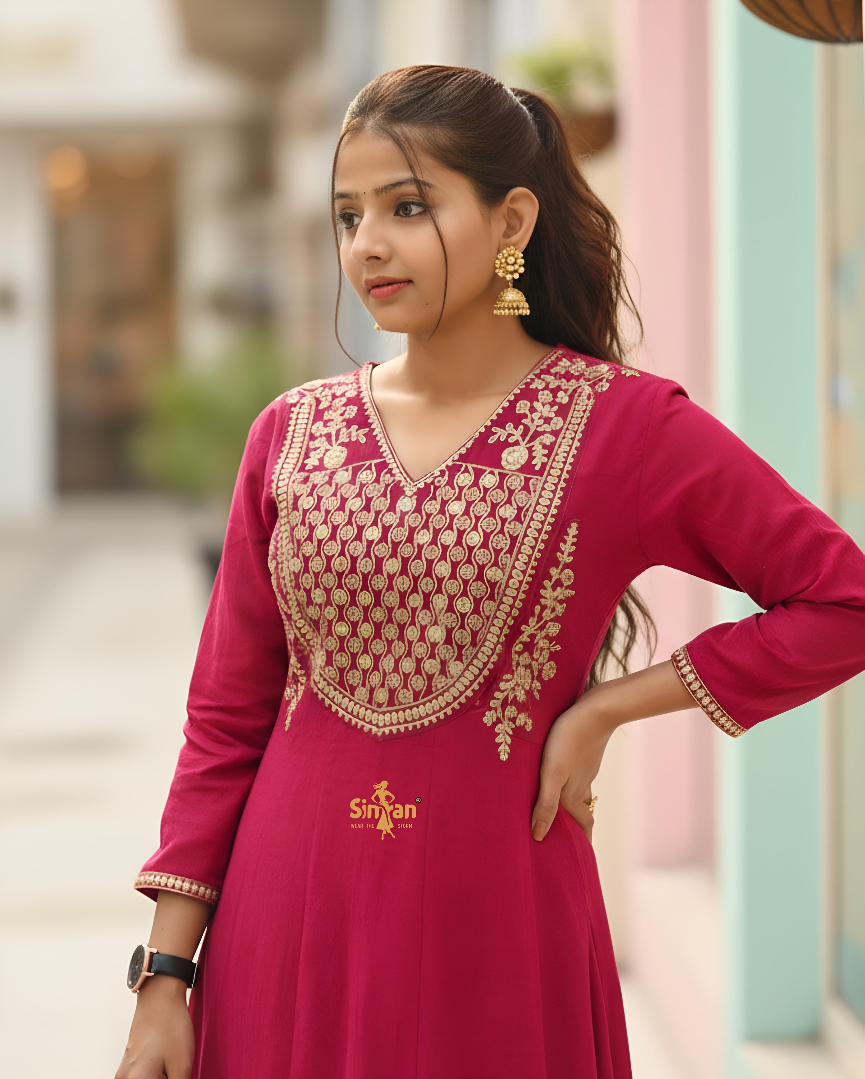 Flared Mulmul Cotton Kurti Pant Dupatta Set with Embroidery 014754