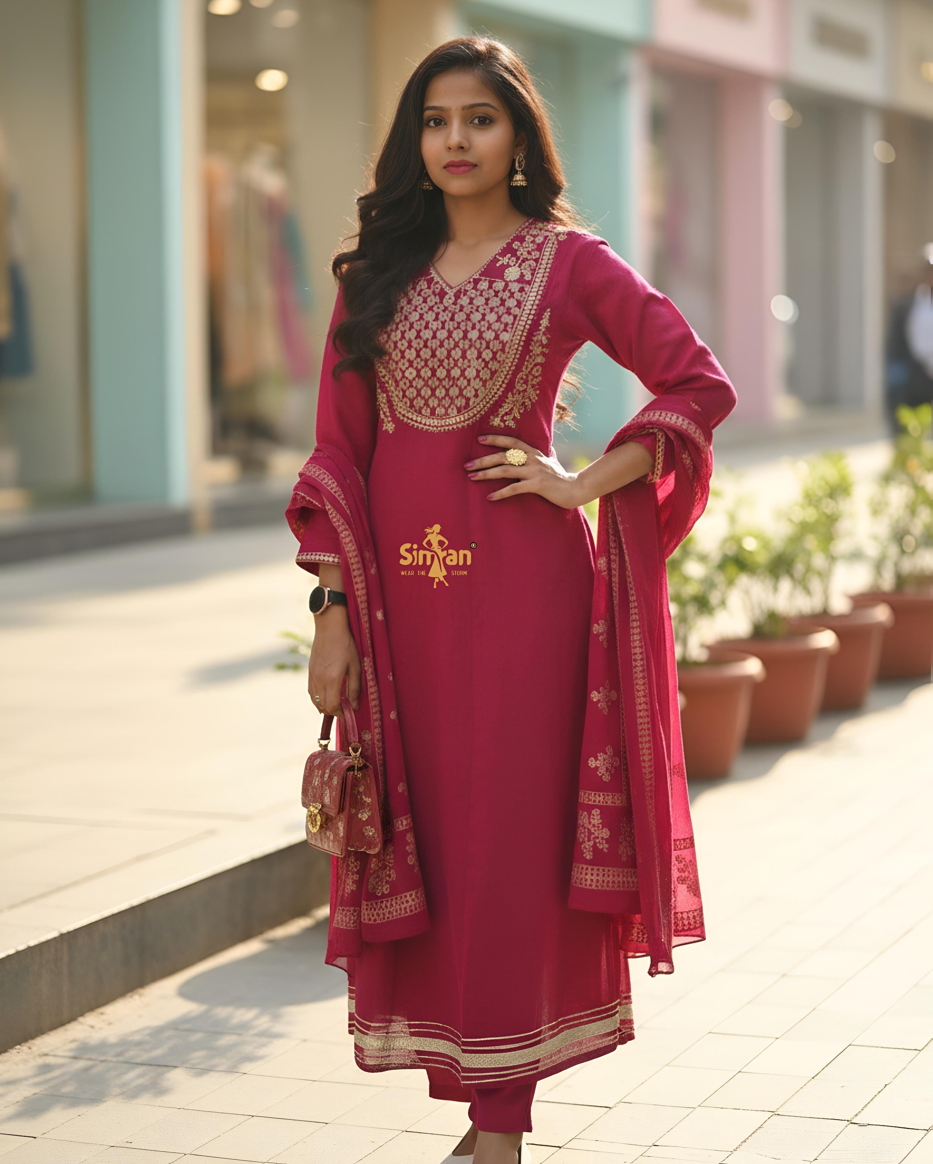 Flared Mulmul Cotton Kurti Pant Dupatta Set with Embroidery 014754