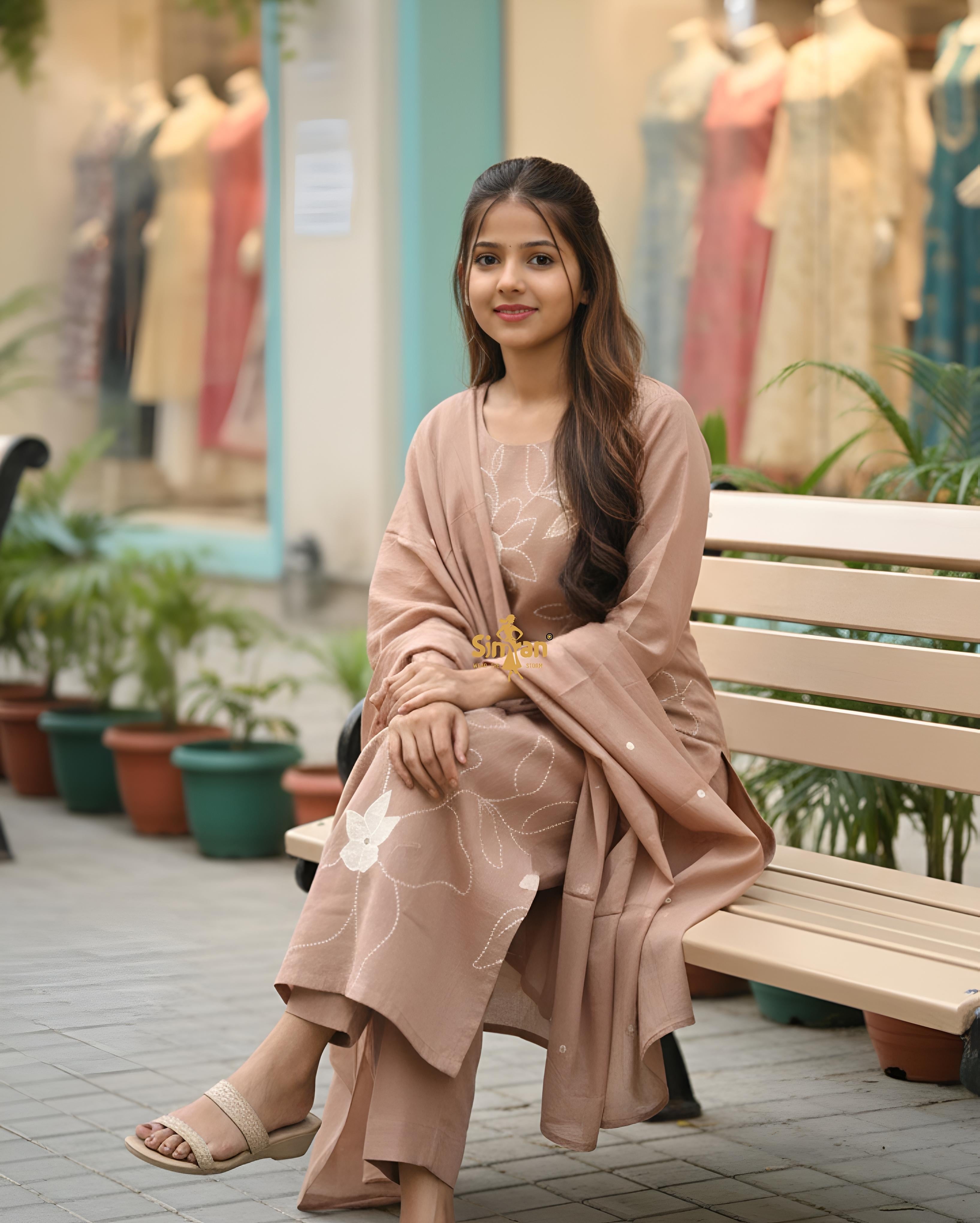 Linen Cotton Kurti Pant Dupatta Set 014746