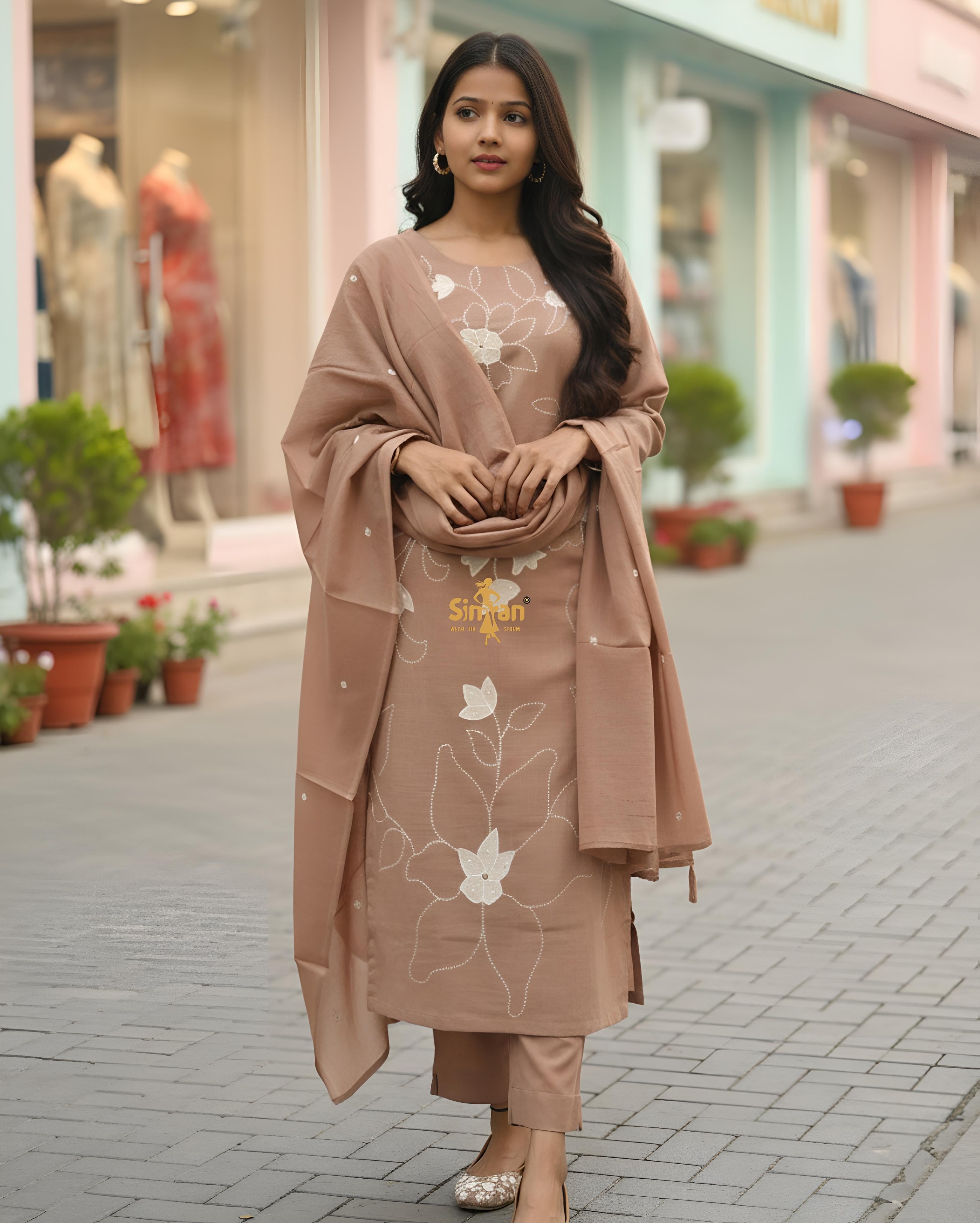 Linen Cotton Kurti Pant Dupatta Set 014746
