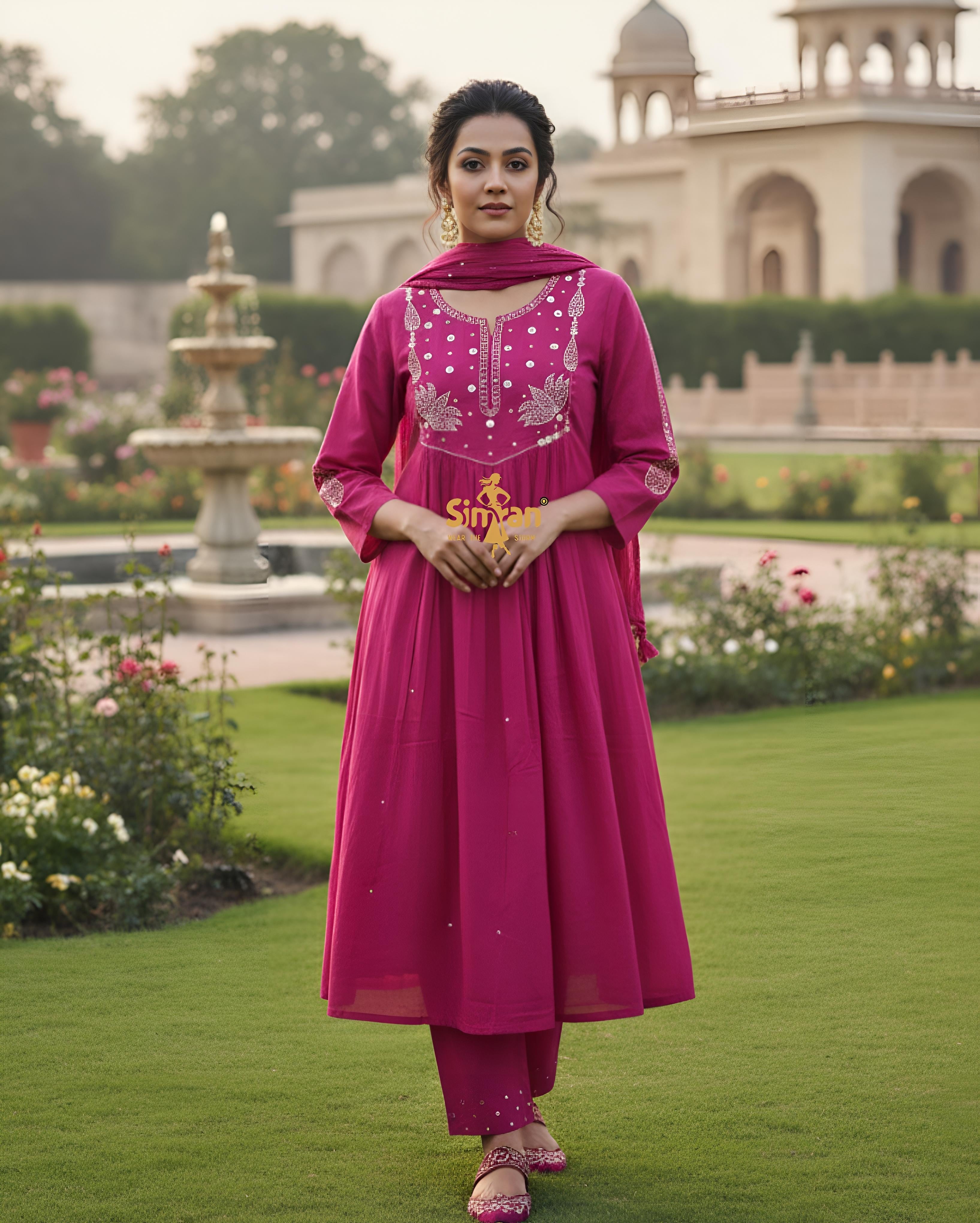 A-Line Pure Cotton  Kurti Pant Dupatta Set 014969