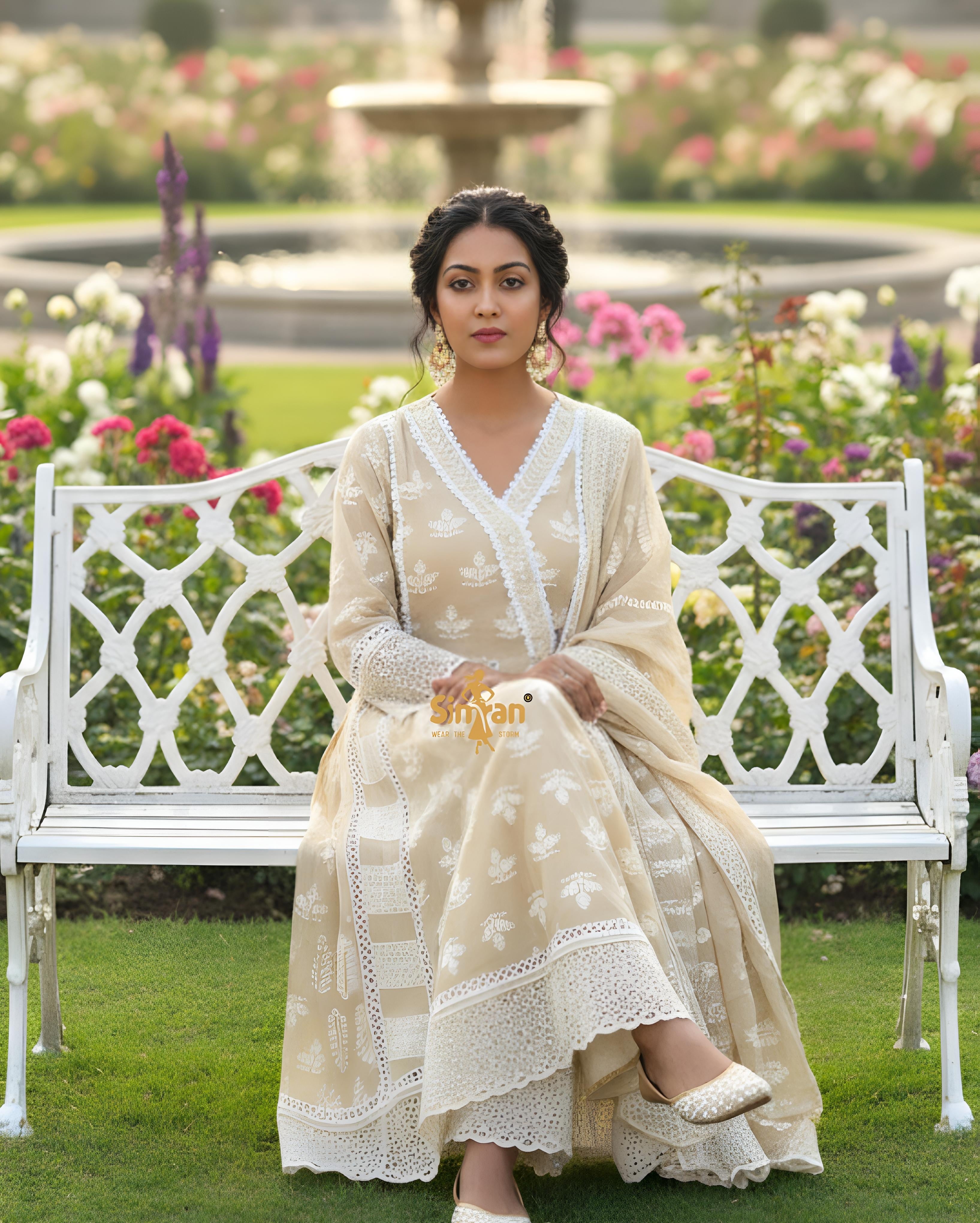 Flared Mulmul Cotton Lucknowi Work Kurti Pant Dupatta Set 014896