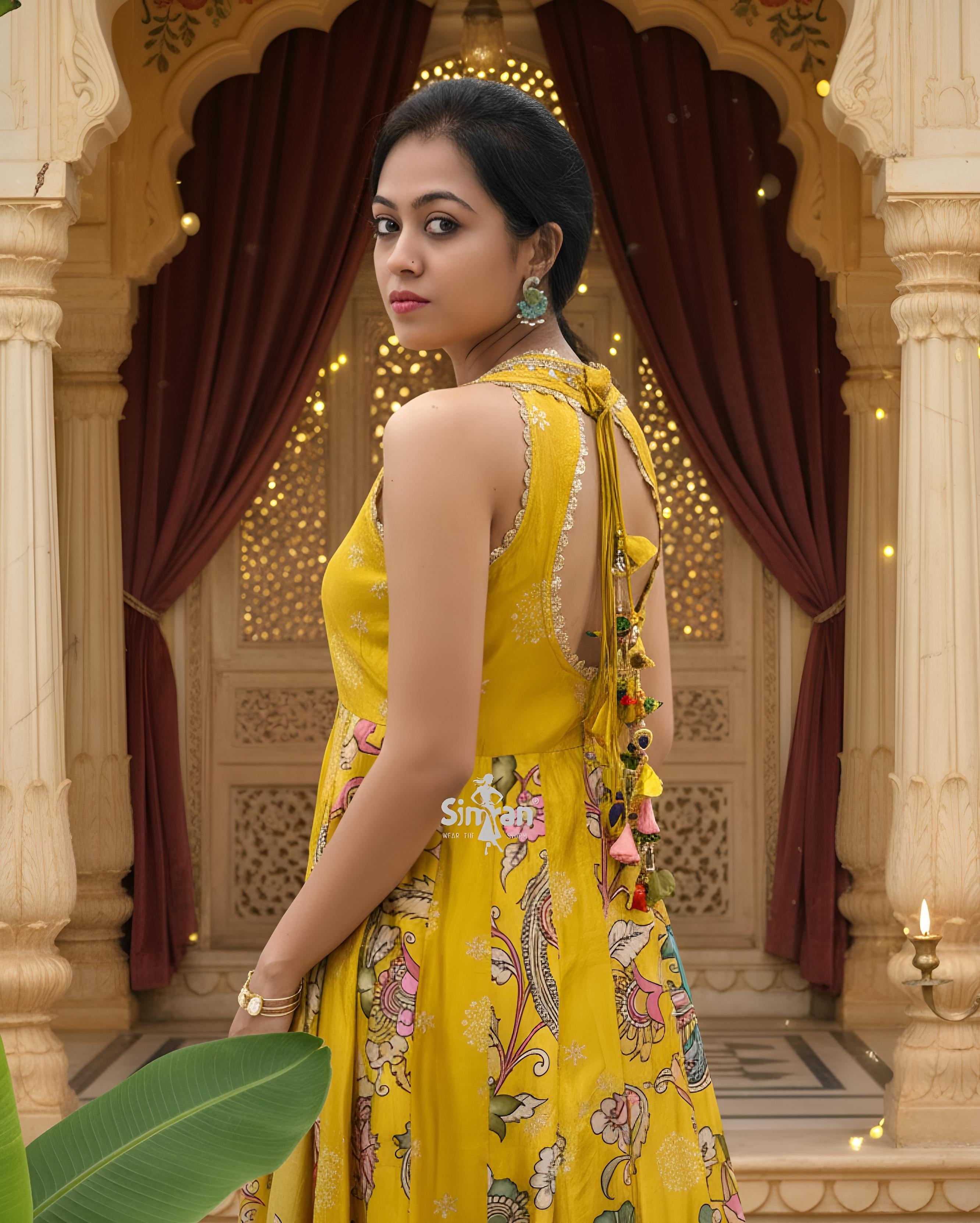 Silk One-Piece Halter Neck Dress with Back Dori & Printed Silk Dupatta 014721