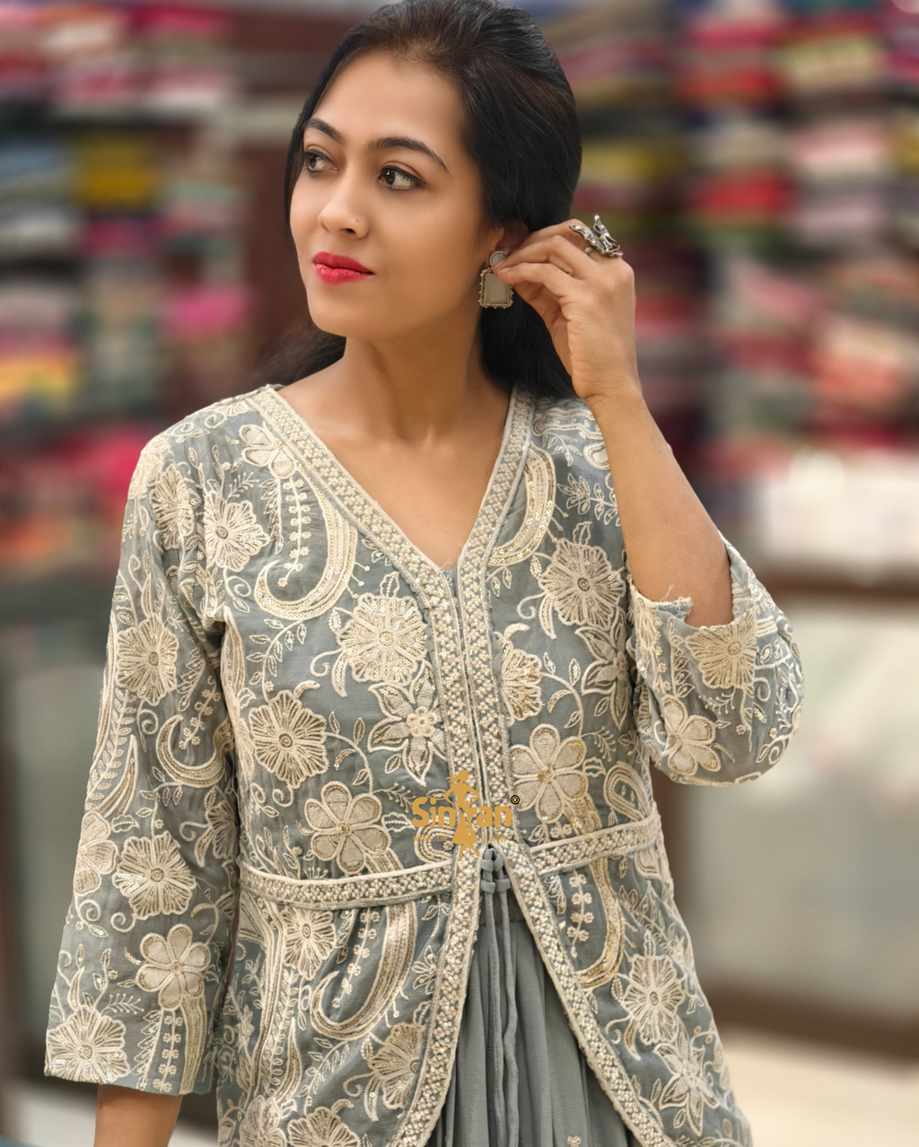 Silk Flared One-Piece Kurti with Embroidered Shrug 014654