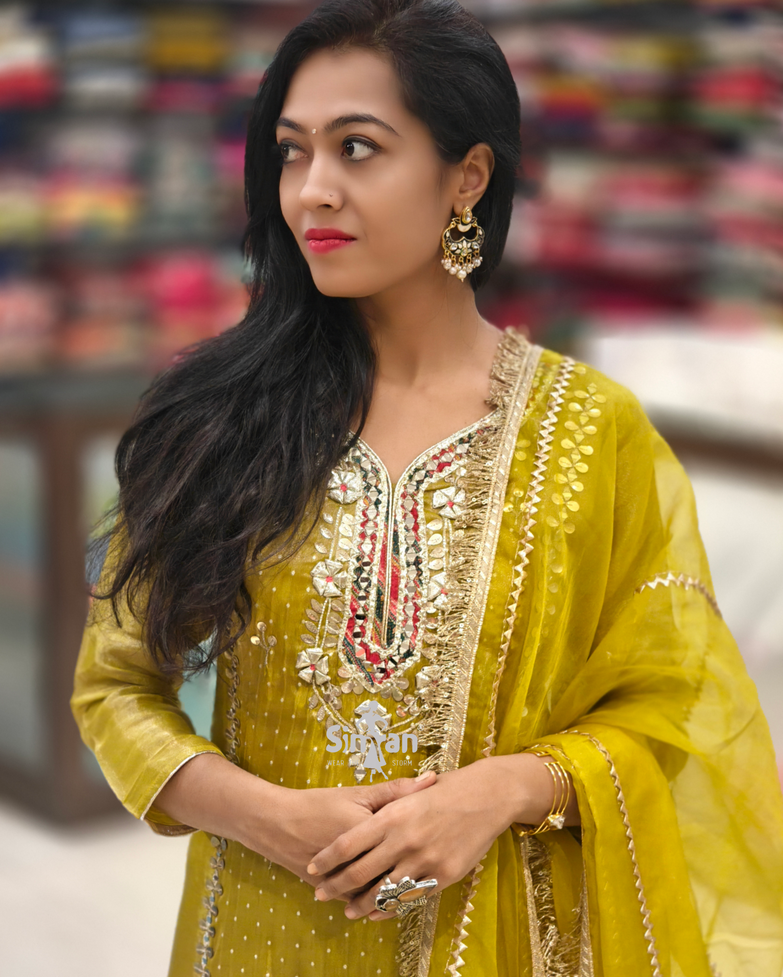 Shimmer Silk A-Line Kurti Pant Dupatta Set 014647