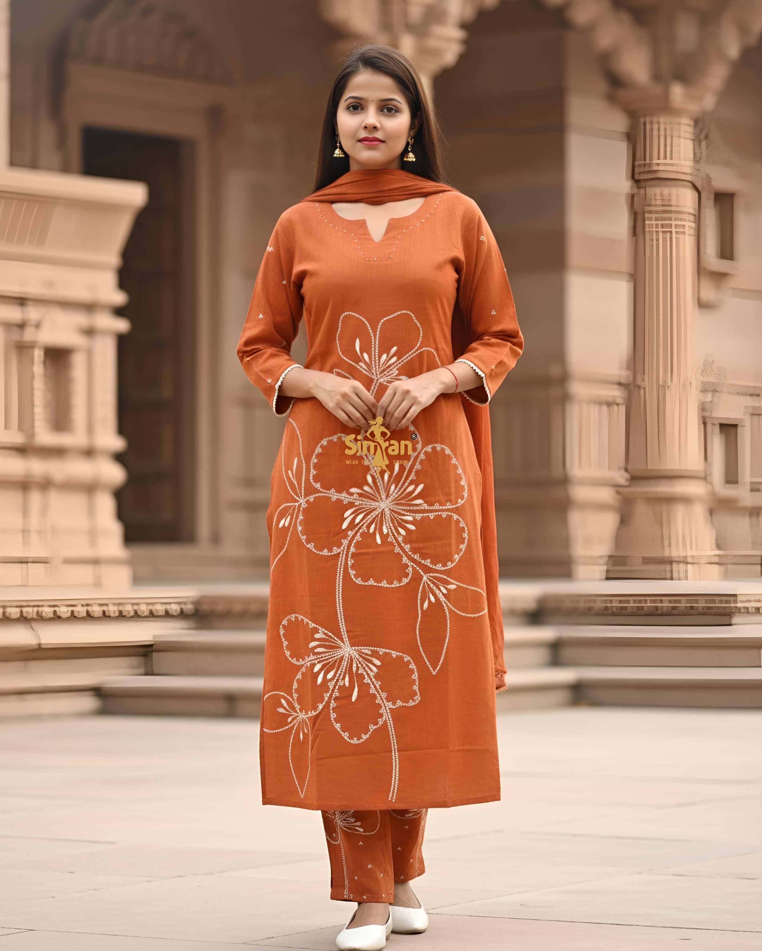 Linen Cotton Kurti Pant Dupatta Set 014738