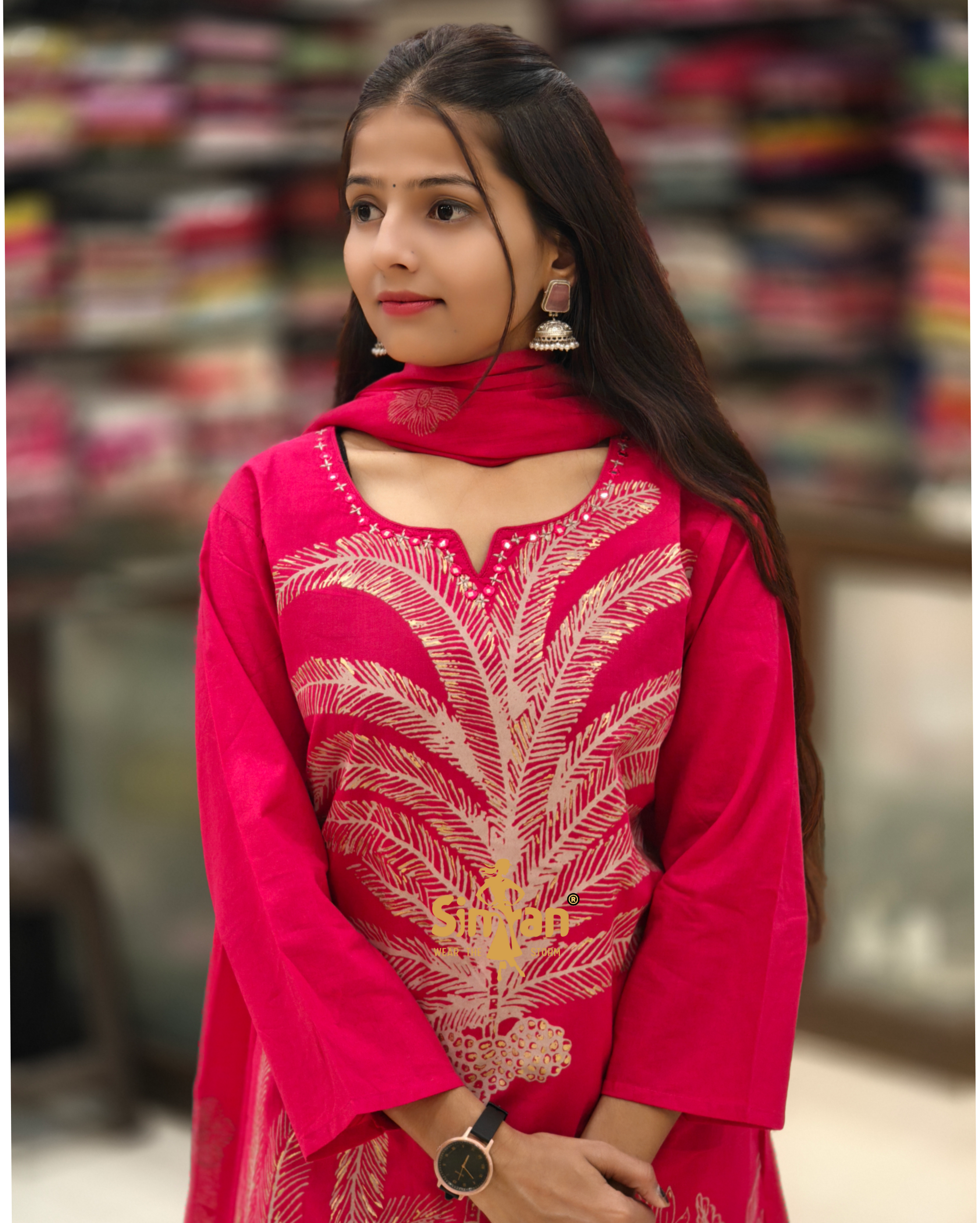 A-Line Pure Cotton  Kurti Pant Dupatta Set 014359